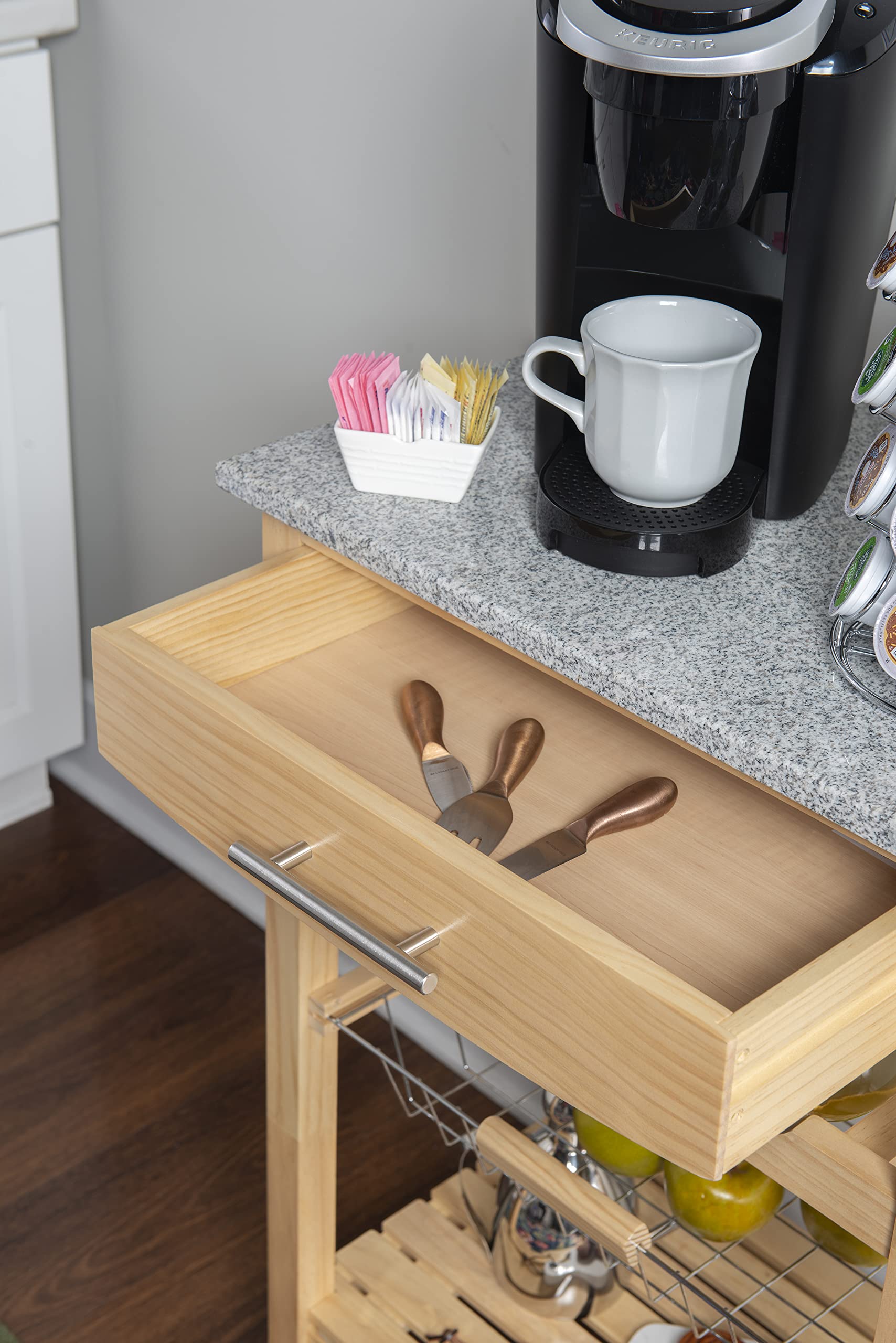 Linon Mila Natural Granite Kitchen Island with Storage Basket & Wheels - Mobile Kitchen Cart for Small Spaces, Food Prep & Extra Counter Space