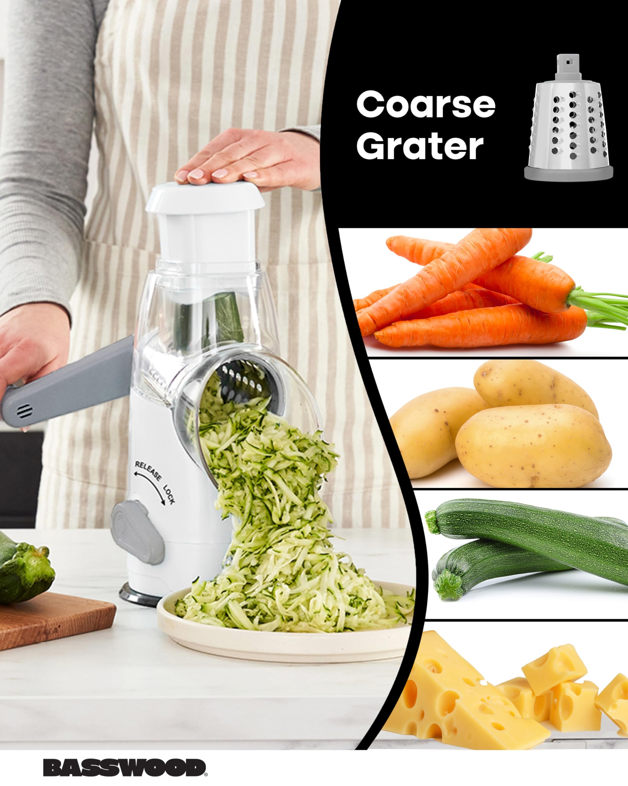 Premium Rotary Cheese Grater with Ergonomic Handle - 3 Stainless Steel Drum Blades for Shredding Cheese, Vegetables & Nuts - Multi-Functional Kitchen Mandoline Slicer with Peeler (White) - Perfect for Pizza Topping, Salad Prep & Baking Needs