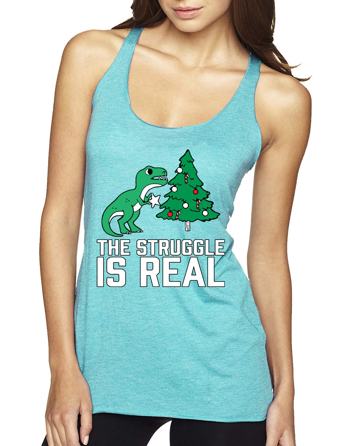 Funny Christmas Trex Dinosaur The Struggle is Real Tri-Blend Racerback Tank Top - Perfect for Holiday Parties, Gifts & Festive Outfits