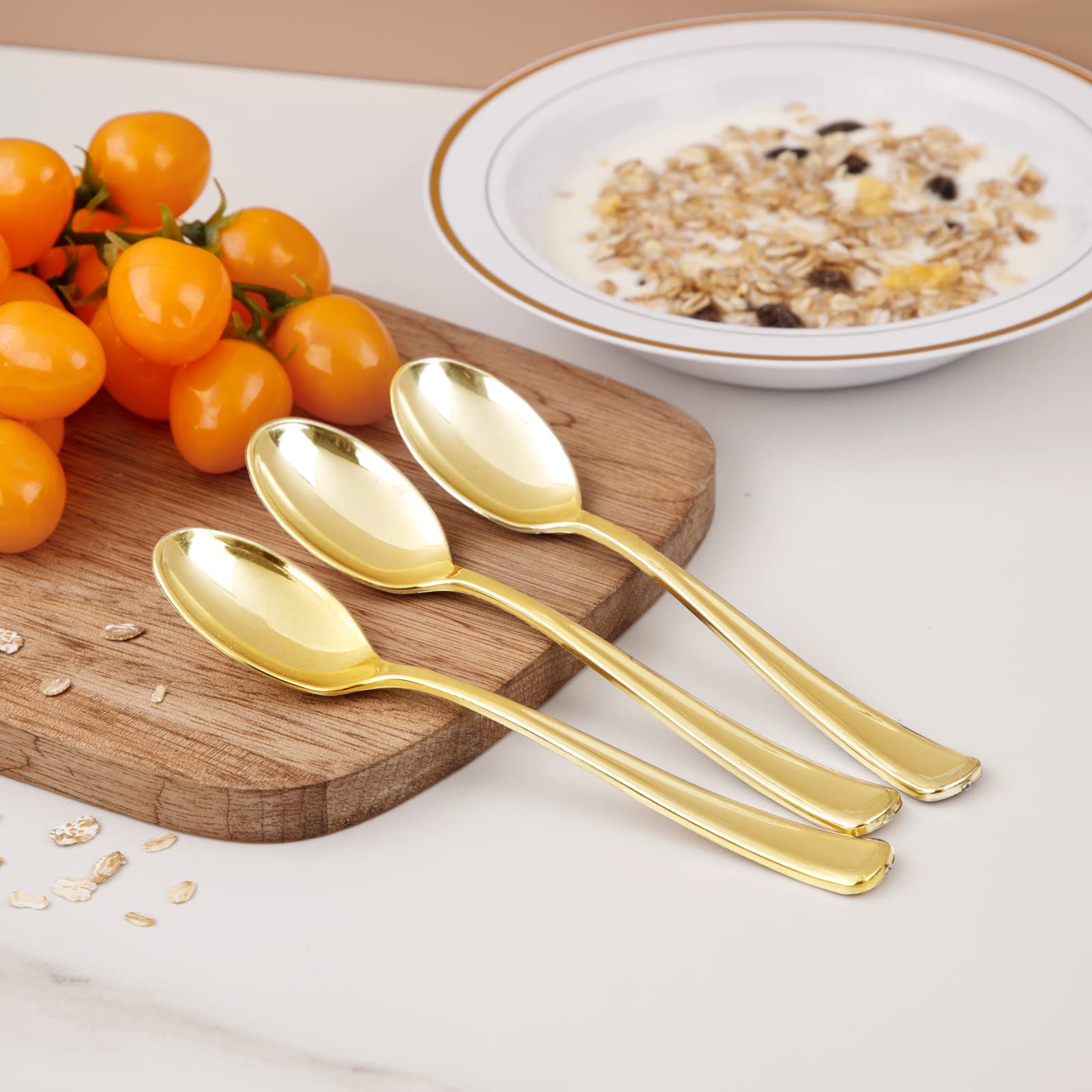 Liacere 100-Pack Gold Plastic Plates & 200-Pack Gold Plastic Spoons - 6.7 Inch Disposable Glitter Appetizer Plates - Heavy Duty Gold Plastic Cutlery Set for Parties, Weddings, Bridal Showers, Birthday Celebrations & Holiday Events