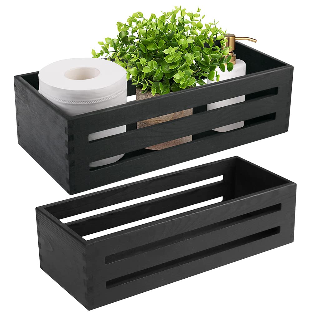 LotFancy 2-Pack Wooden Toilet Paper Holder & Black Toilet Tank Storage Basket - Farmhouse Bathroom Decor Organizer for Toilet Tank Top & Back | Perfect for Small Bathroom Organization, Rustic Home Decor, and Space-Saving Storage Solutions