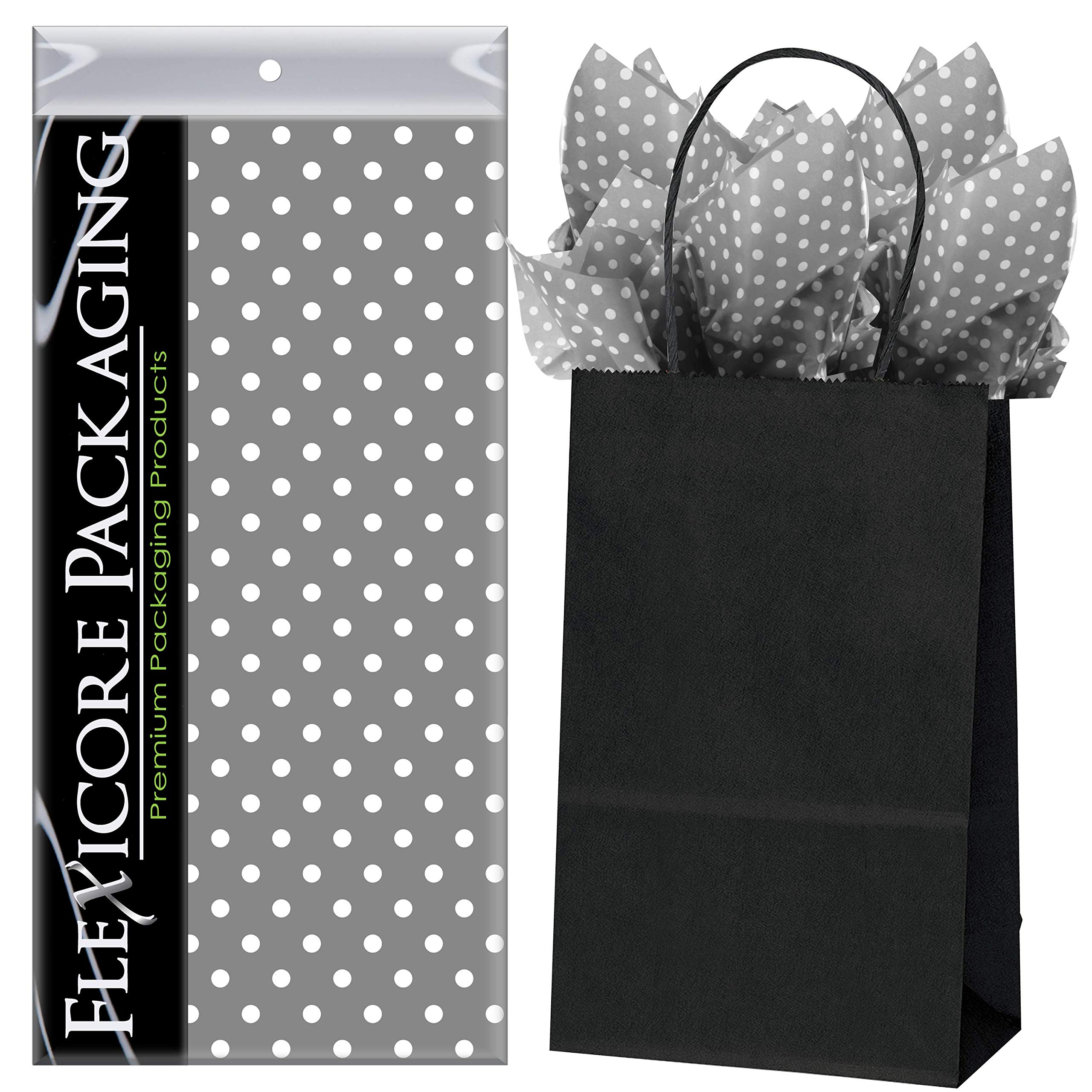 Premium Black Kraft Paper Gift Bags with Gray Polka Dot Tissue Wrap - 5.25