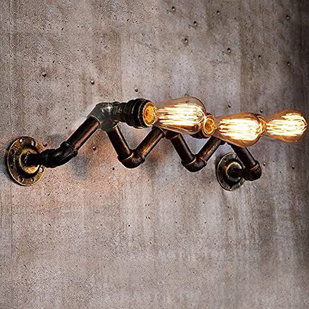 Vintage Industrial E27 3-Head Wrought Iron Wall Lamp - Rustproof Wave Pipe Design for Living Room, Bar & Cafe Decor | Corridor Lighting & Ambient Wall Sconce