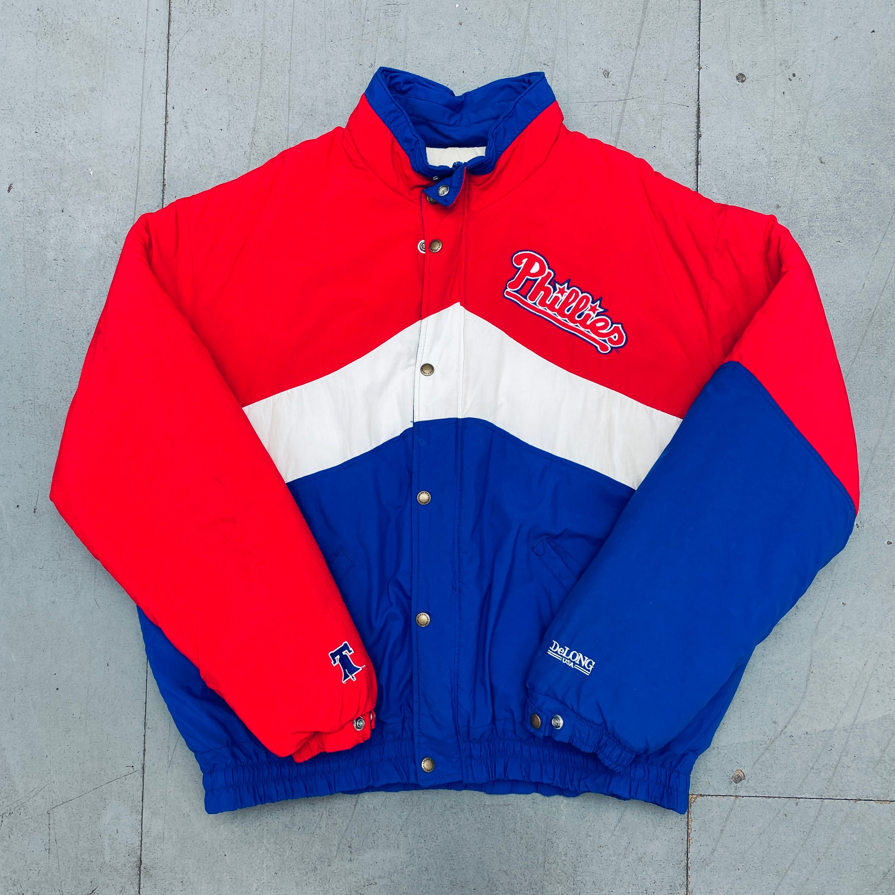 Philadelphia Phillies 1990s Vintage DeLong Full Zip Jacket XL - Retro Baseball Fan Apparel for Games, Collecting & Casual Wear
