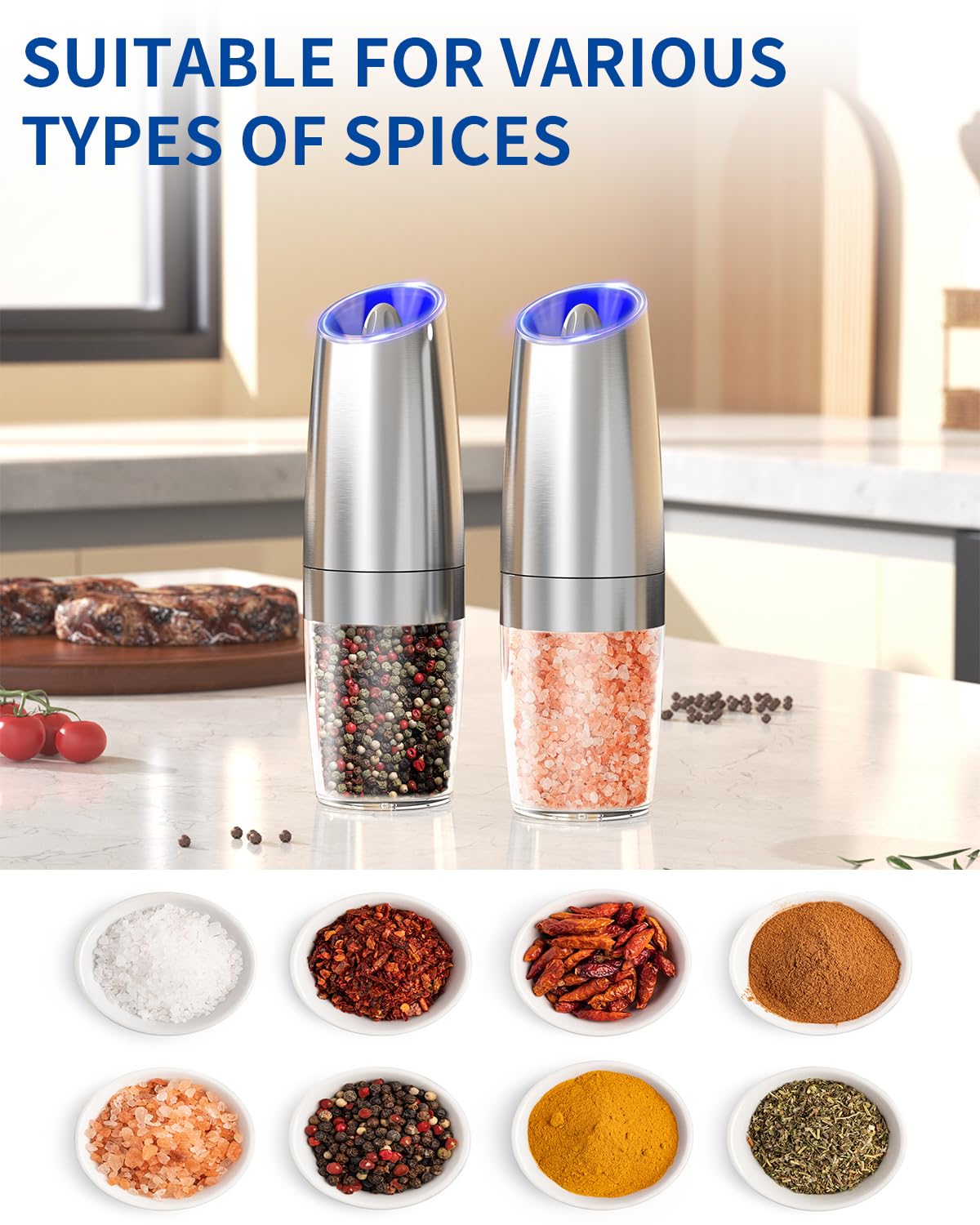 Premium Electric Pepper Grinder & Salt Mill - CIRCLE JOY Automatic Battery-Operated Stainless Steel Spice Grinder with LED Light & Adjustable Coarseness - Perfect for Home Kitchen, BBQ, Restaurants & Gourmet Cooking