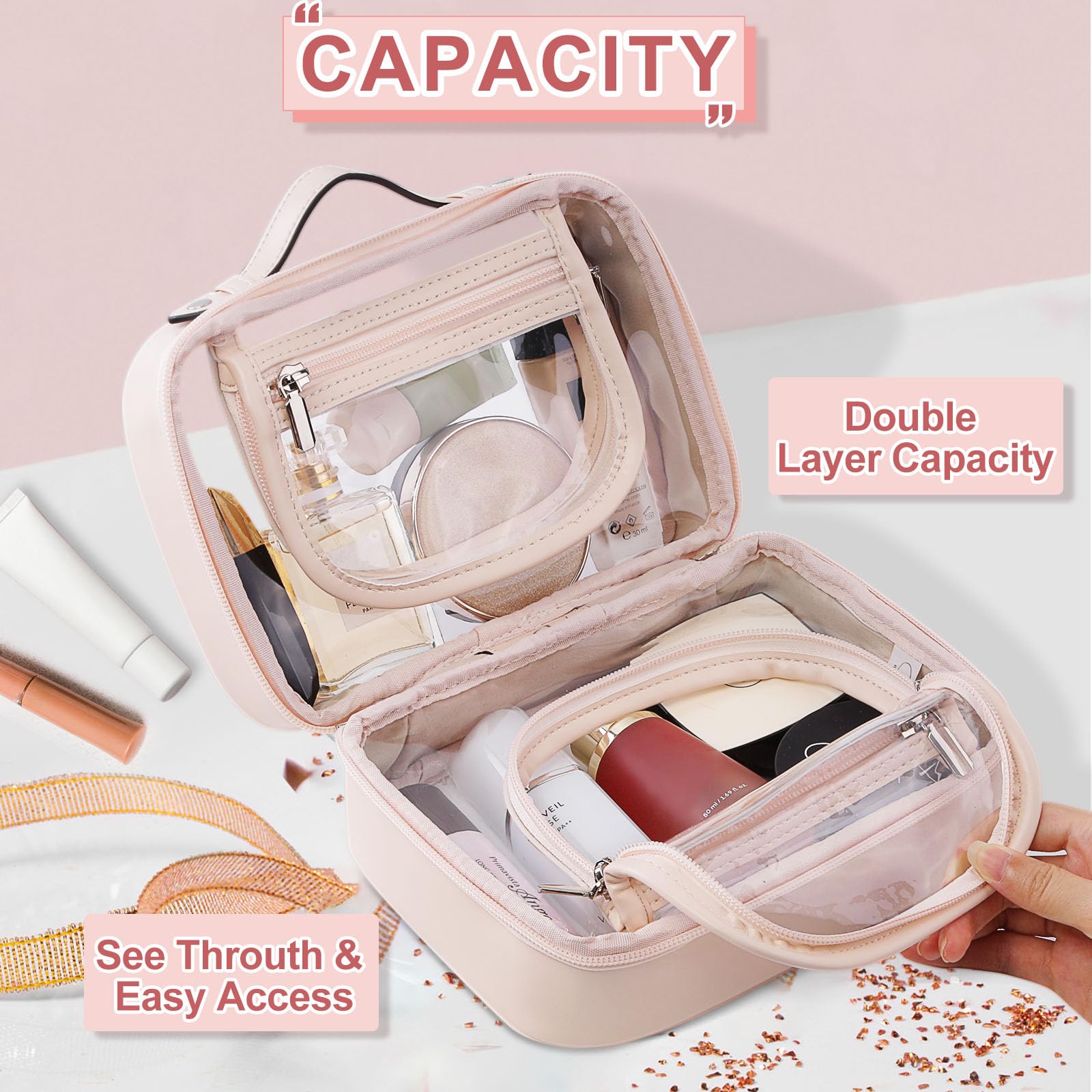 Clear Travel Toiletry Bag with Zipper - 2 Layer Waterproof Cosmetic Organizer for Makeup & Essentials