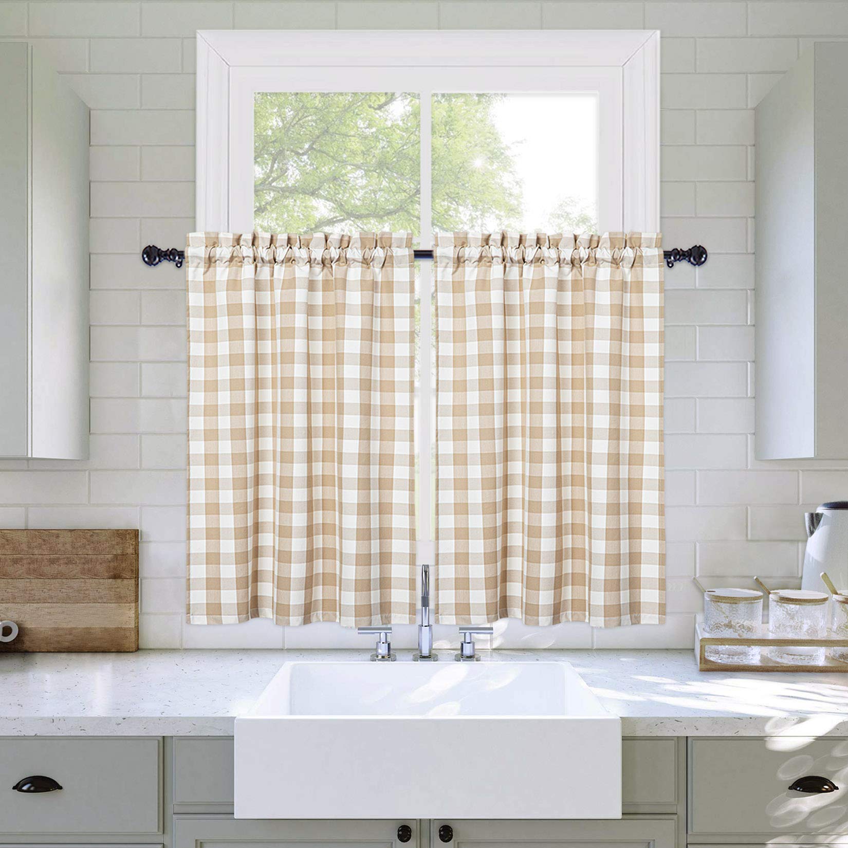 Haperlare Farmhouse Style Buffalo Check Window Curtains Set - Cotton Blend Yarn-Dyed Kitchen & Cafe Curtains with Rod Pocket, 27