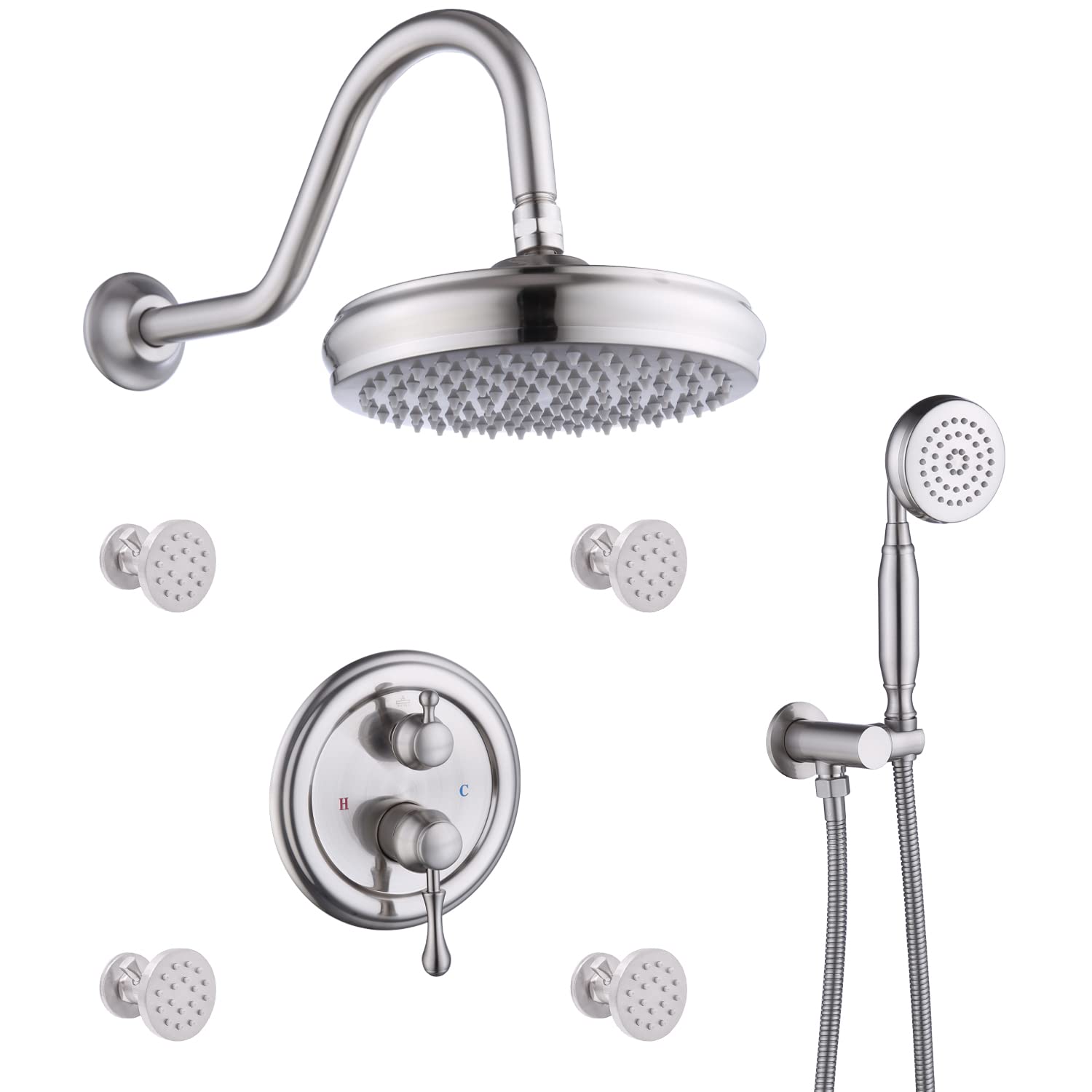 Antique Brass & Brushed Nickel Wall Mounted Shower System - Complete Multi Shower Head Faucet Set with Jets | Vintage Bathroom Upgrade for Spa-Like Experience
