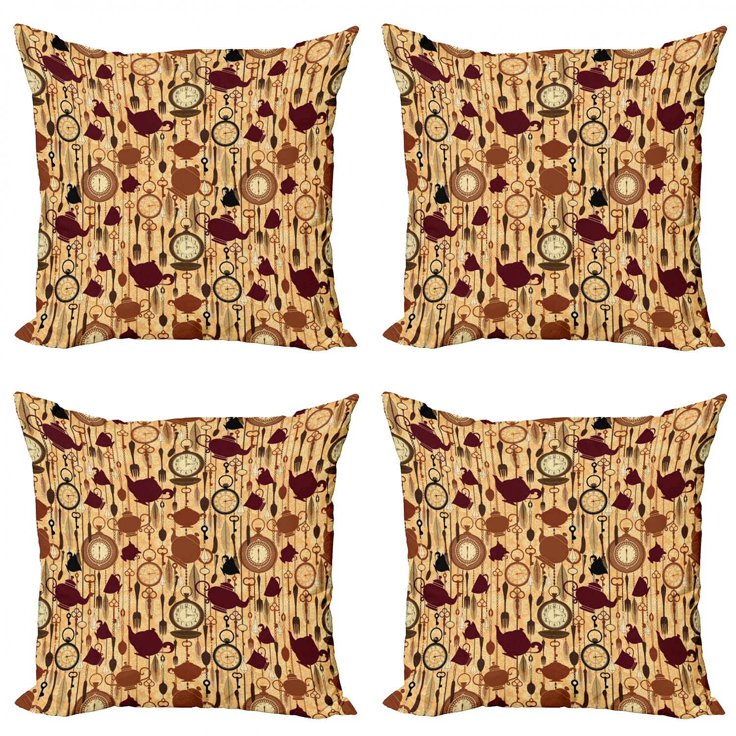 Ambesonne Victorian Style Tea Party Decorative Throw Pillow Covers Set of 4 - 18 Inch Brown Redwood Floral Print Cushion Covers for Sofa, Living Room, Bedroom & Car - Perfect for Afternoon Tea, Breakfast Nook Decor & Cozy Home Accents