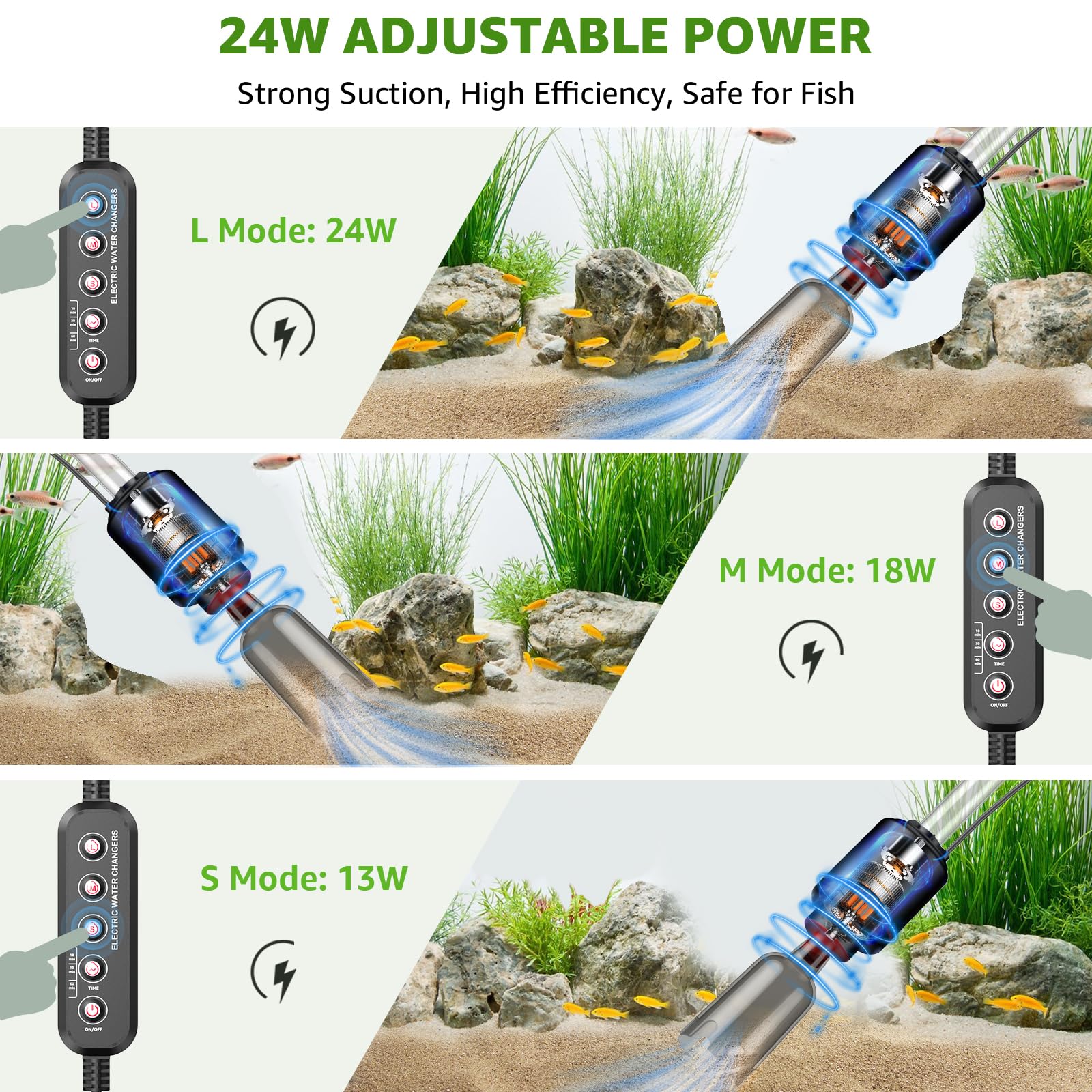 24W Electric Aquarium Gravel Cleaner - Powerful Suction Fish Tank Vacuum for Automatic Water Change, Dirt Removal & Water Circulation | Ideal for Freshwater & Saltwater Tanks, Timed Shut-Off Feature | Perfect for Home Aquariums, Fish Stores & Aquatic Maintenance