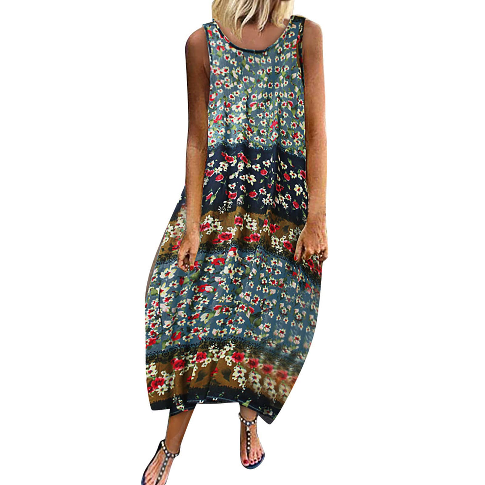 Vintage Bohemian Floral Print Women's T-Shirt Dress - Sleeveless O-Neck Maxi Dress with Straps | Perfect for Summer Beach, Music Festivals & Casual Outings
