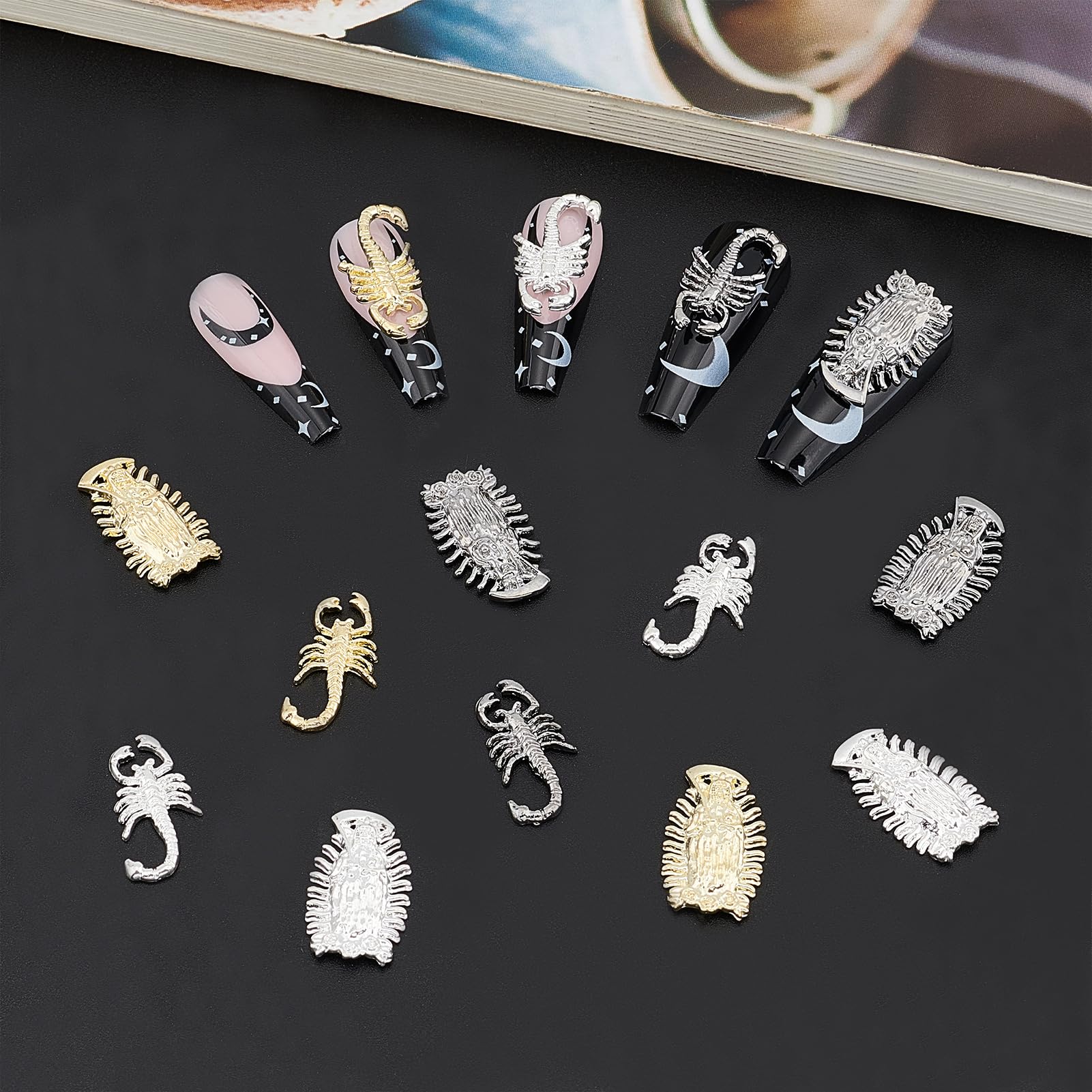 NICENEEDED 18pcs Scorpion & Buddha Nail Charms - 3D Alloy Metal Nail Jewelry for Acrylic Nails, Nail Art Manicure Accessories - Perfect for Halloween, Gothic Nail Designs & DIY Nail Crafts