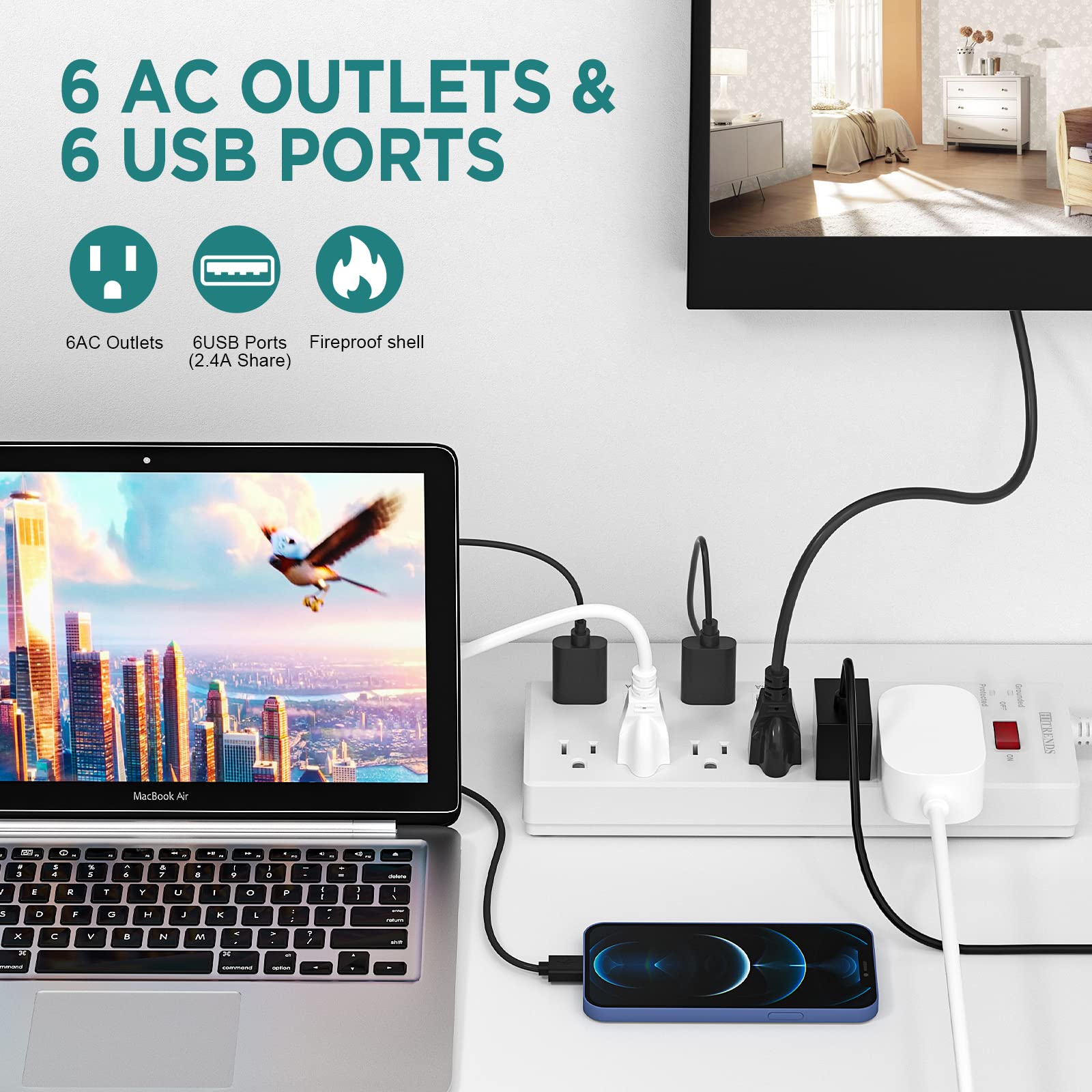 6-Outlet Surge Protector with 6 USB Ports & Digital Timer - 110V Power Strip with Countdown & 7-Day Programmable Outlet for Home, Office, Gaming Setup & Electronics Charging Station