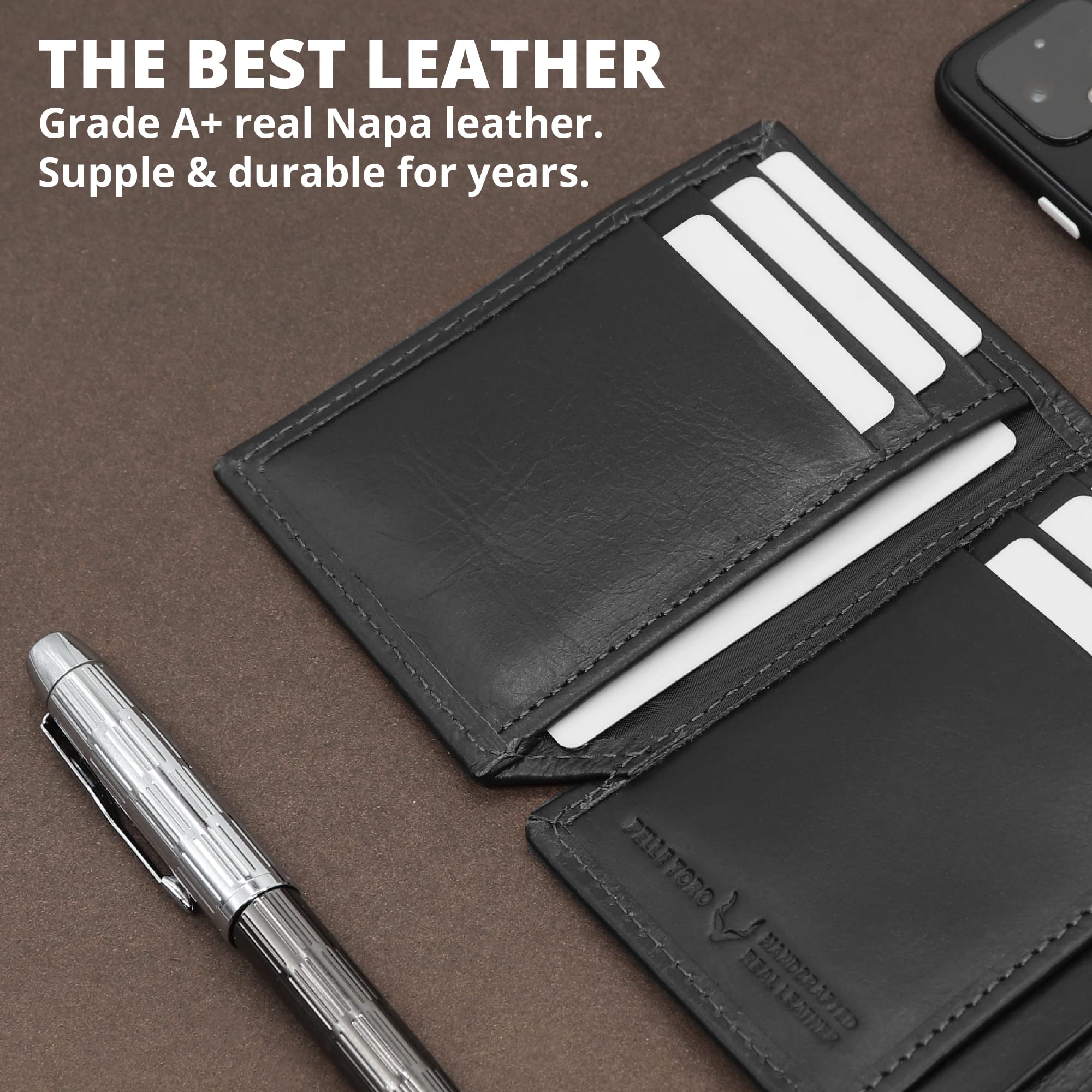 PELLE TORO Handmade Men's RFID Blocking Leather Wallet - Slim Napa Leather Bifold Wallet with 2 Cash Compartments, 13 Card Slots & ID Window - Perfect Gift for Dad, Husband, Boyfriend (Wooden Gift Box Included) | Ideal for Everyday Use, Travel & Business
