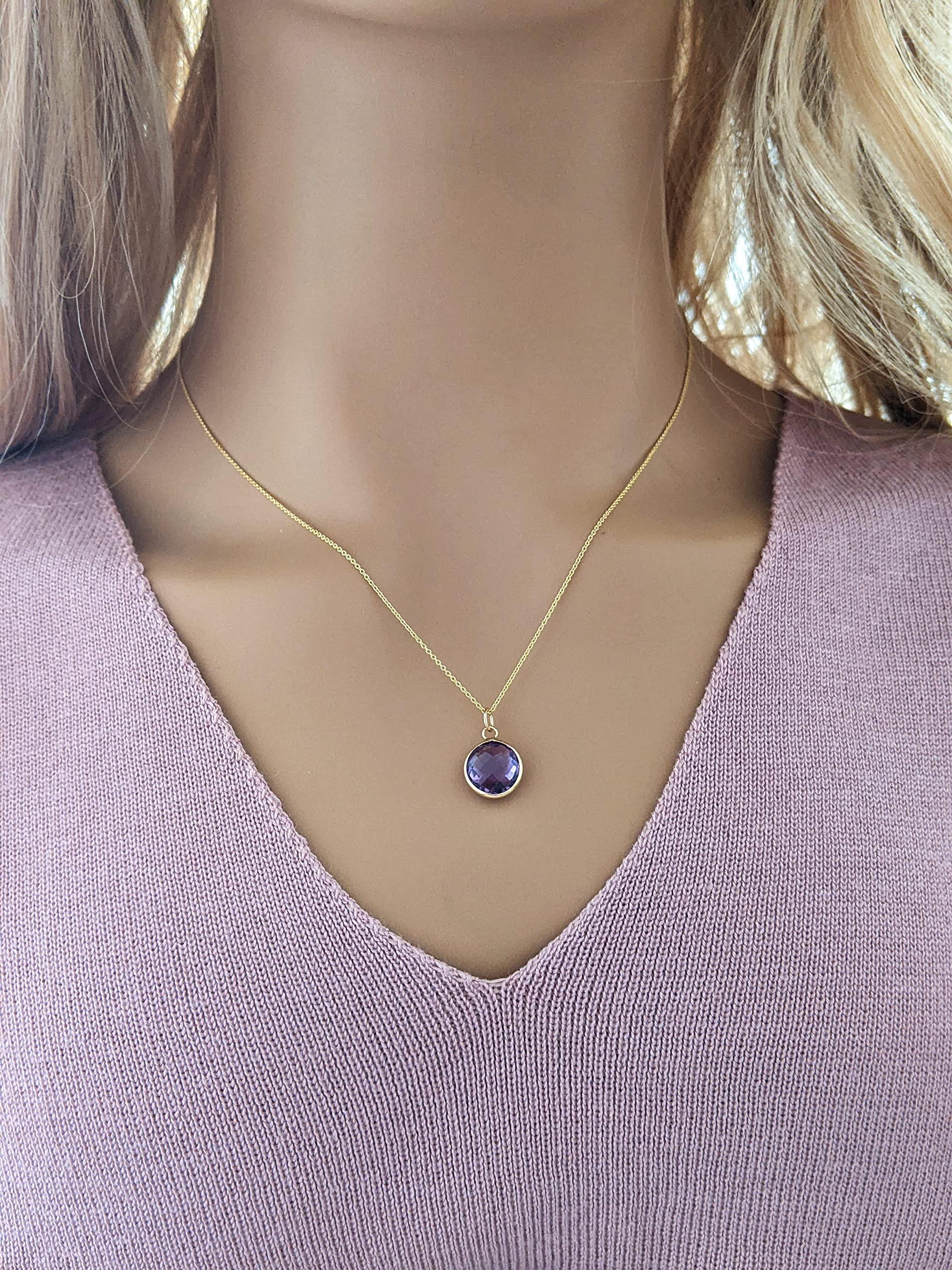 10mm Natural Round Amethyst Bezel Pendant in 14k Solid Yellow Gold - Genuine Gemstone Jewelry for Women - Perfect for Everyday Wear, Gift Giving & Special Occasions