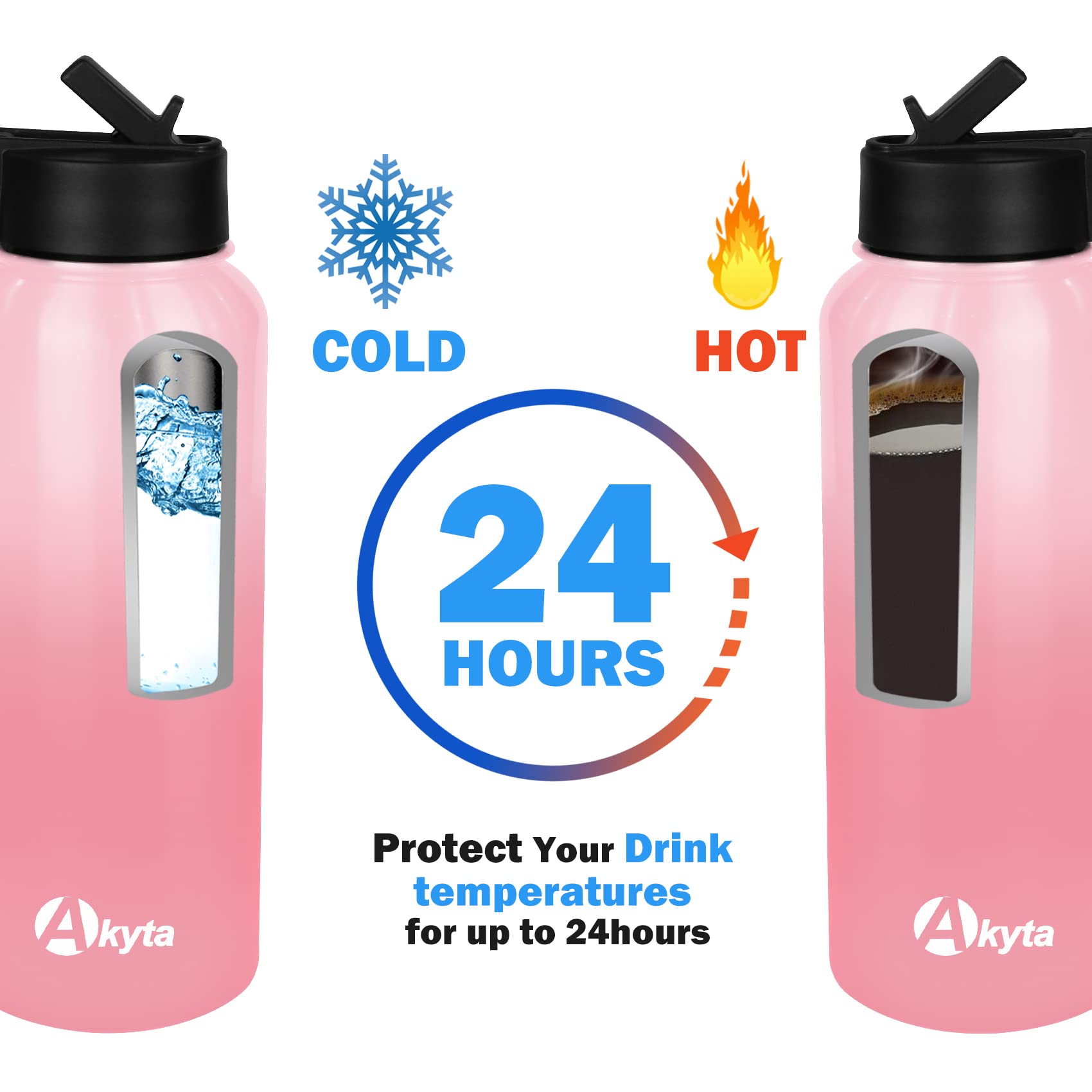 Akyta 32oz Insulated Stainless Steel Water Bottle with Straw Lid - Vacuum Sealed Double Wall Thermos for Hot & Cold Drinks - Leakproof Sports Water Bottle for Gym, Hiking, Travel & Outdoor Activities (Pink, 32oz)