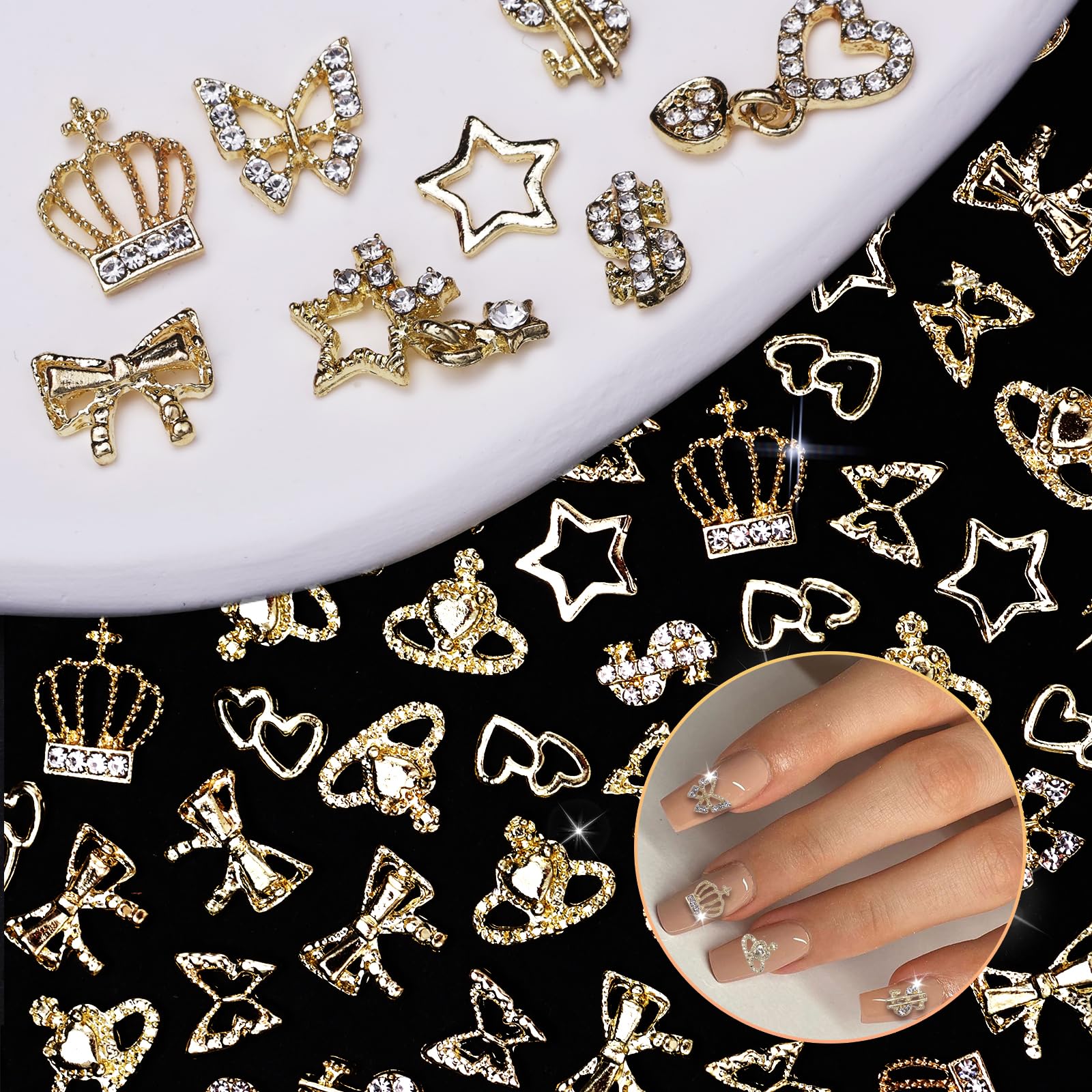 Anower 78Pcs Gold Nail Charms Kit - 12 Styles Alloy Nail Art Decorations with Butterfly, Crown, Hollow Planets & Star Charms - 3D Metal Nail Jewelry for Professional Nail Designs | Perfect for DIY Manicures, Salon Nail Art & Party Nail Decorations