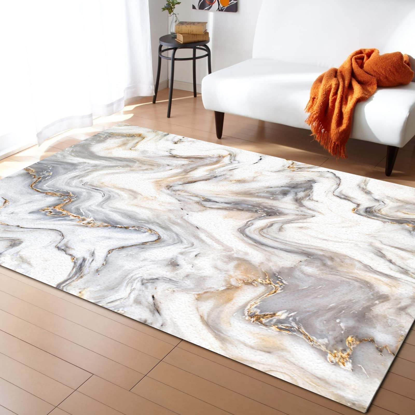 Abstract Splash Art Area Rug - Grey Marble Texture Non-Slip Washable Carpet for Living Room, Bedroom & Home Decor (6.6ft x 5.3ft) | Easy Clean Indoor Floor Mat for Sofa Area, Kids Play Space & High Traffic Areas