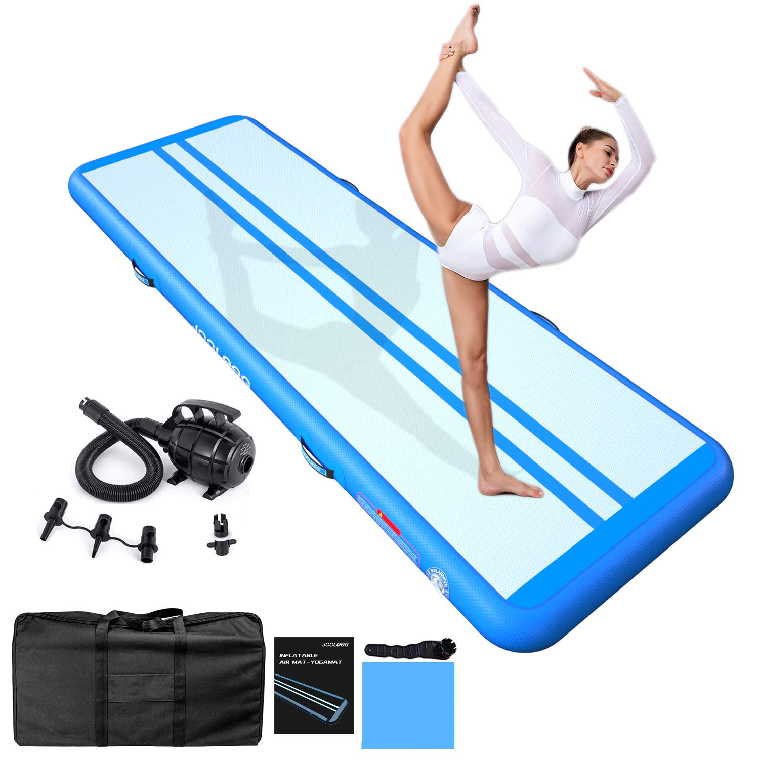 JOOLOOG Inflatable Gymnastics Mat - 13ft/16ft/20ft/23ft/26ft Sizes, 4/8 Inches Thick - Training Mats for Home Gym, Cheerleading, Yoga & Water Activities - Includes Air Pump - Perfect for Kids & Adults Fitness Practice