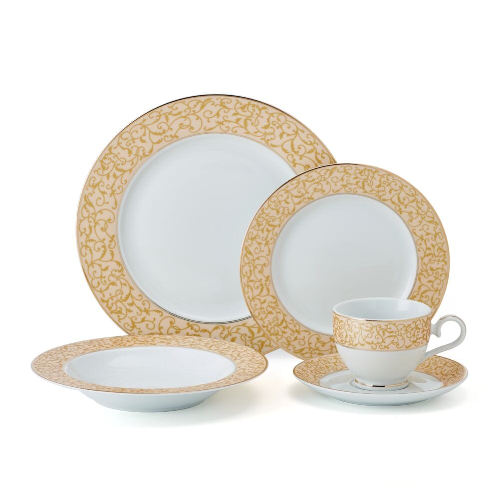 Luxury 40-Piece Gold Dinnerware Set for 8 - Elegant Parchment Color Fine China for Formal Dining, Wedding Registry & Special Occasions
