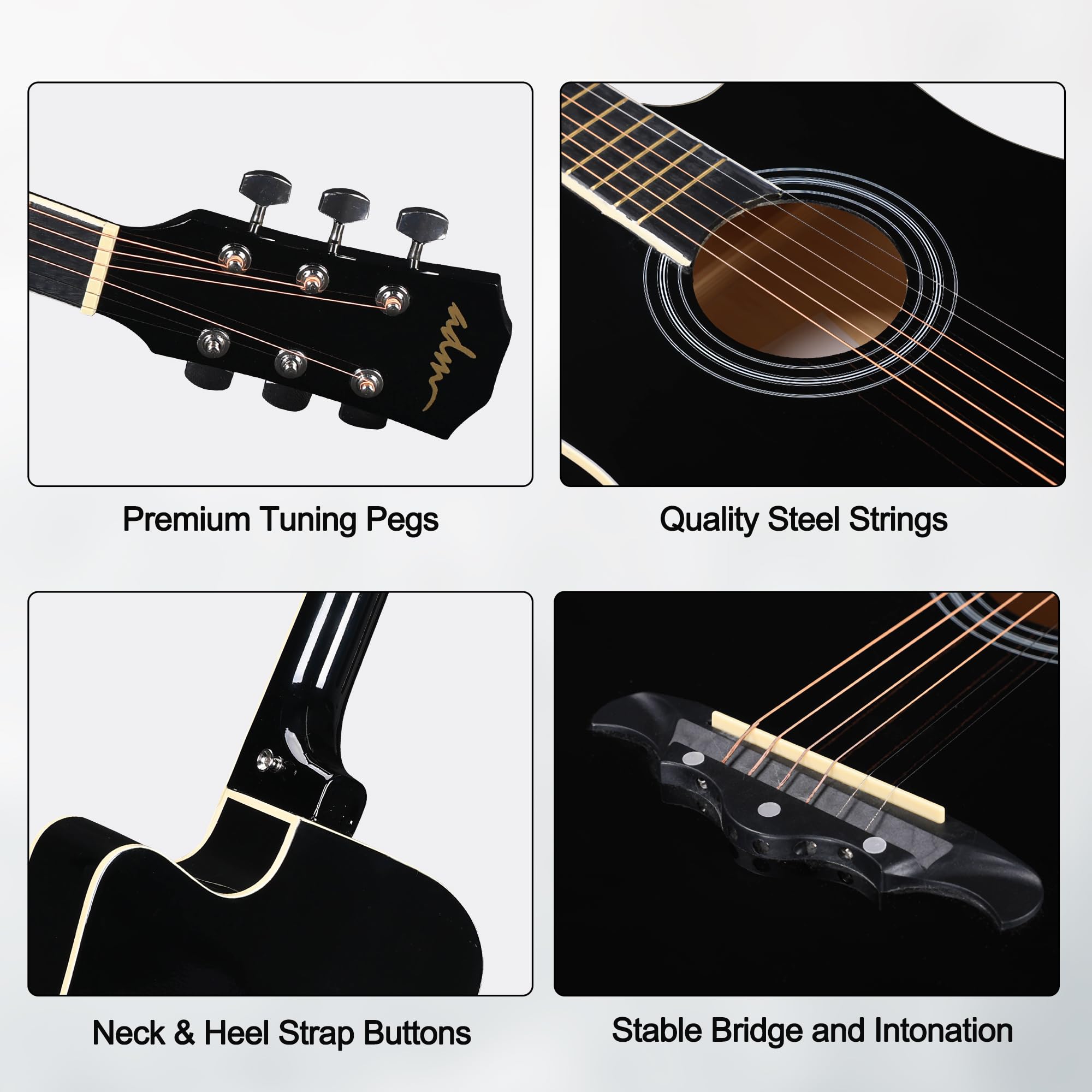 ADM 38-Inch Cutaway Acoustic Guitar Starter Kit for Beginners & Adults - Full Size Wood Guitar with Gig Bag, Strap, Steel Strings, Picks, Capo & Stand (Black) | Perfect for Home Practice, Music Lessons & Campfire Performances