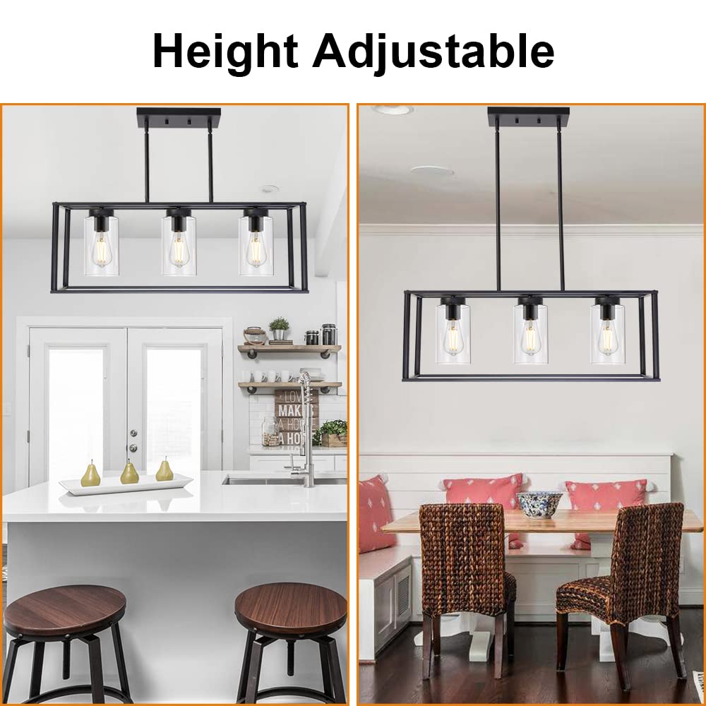 VINLUZ 3-Light Black Modern Chandelier - Contemporary Linear Pendant Light for Dining Room, Kitchen Island, Farmhouse | Glass Shade Hanging Fixture | Perfect for Home Decor, Restaurant Lighting & Interior Design