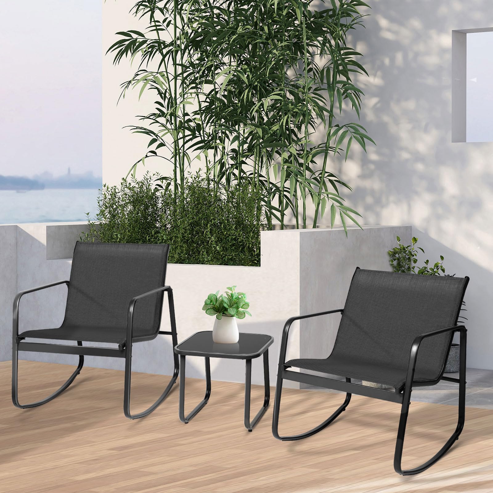 Oakmont 3-Piece Patio Furniture Set - Outdoor Wicker Conversation Set with 2 Chairs & Glass Top Coffee Table, Beige Cushions - Perfect for Backyard, Poolside, Garden, Deck or Patio Relaxation