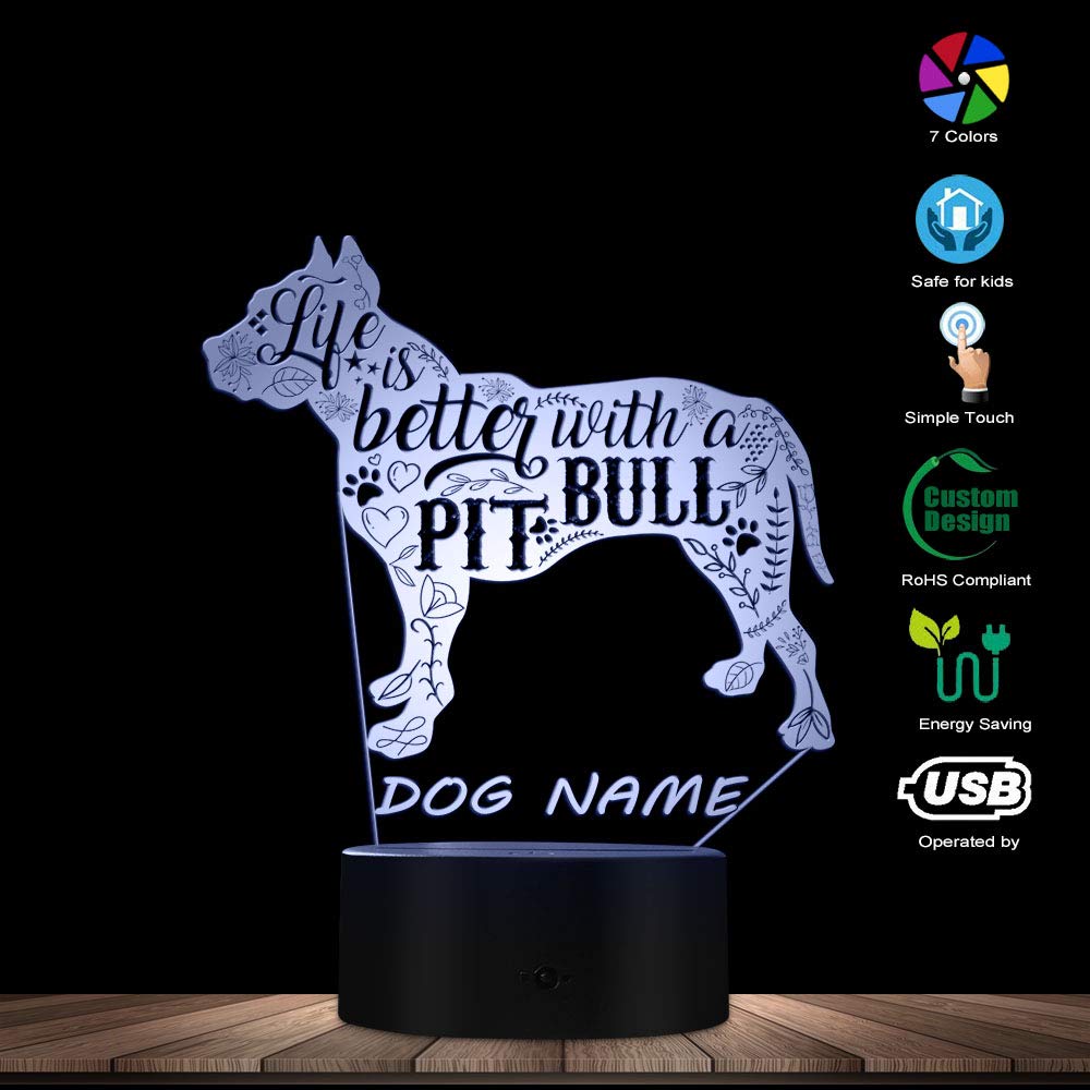 Pitbull Custom Dog Name 3D LED Desk Lamp - Touch Control Mood Light for Dog Lovers, Bedside Night Light, Home Office Decor (Perfect Gift for Pit Bull Enthusiasts) | Ideal for Bedrooms, Living Rooms & Pet-Themed Spaces
