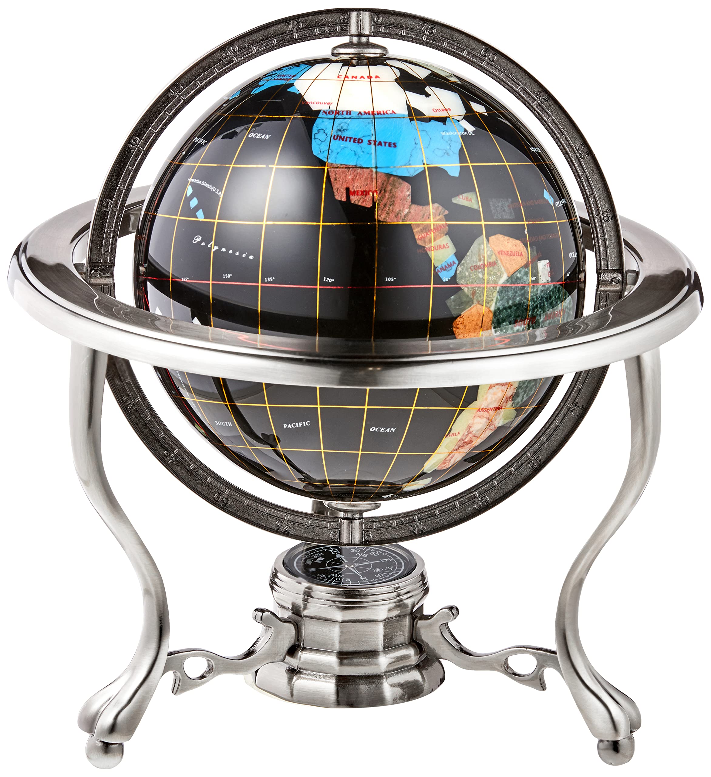 10-Inch Black Onyx Ocean Gemstone World Globe with Silver Tripod Stand - Unique Handcrafted Tabletop Decor for Home, Office & Gifts | Perfect for Travel Lovers & Geography Enthusiasts