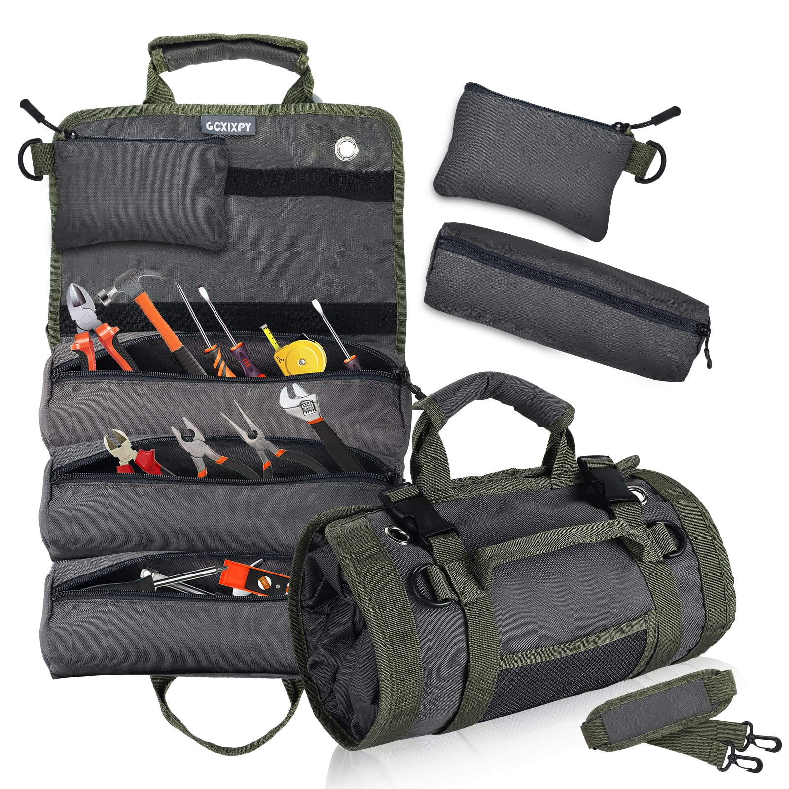 Heavy Duty Roll Up Tool Bag Organizer with Detachable Pouches - Adjustable Shoulder Strap Tool Roll Pouch for Mechanics, Electricians, Motorcycle & Truck Repair - Perfect for Workshop, Garage & On-the-Go Tool Storage