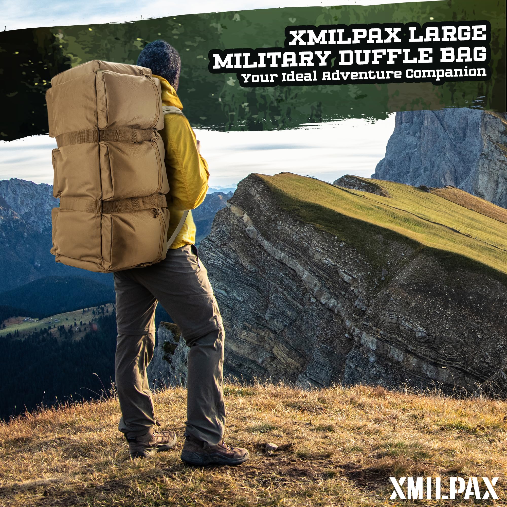 XMILPAX 100L Large Military Duffle Bag - Heavy Duty Deployment Duffel for Travel, Sports Equipment & Gym Gear - Detachable Backpack Straps - Coyote Tan - Perfect for Camping, Hiking & Military Use