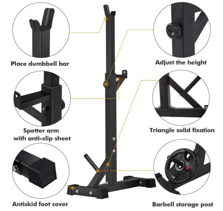 ATOMSPORT Adjustable Squat Rack Stand - 2-Piece Heavy Duty Barbell Rack for Strength Training, Bench Press & Home Gym Workouts (500Lbs Capacity) - Perfect for CrossFit, Powerlifting & Home Fitness Training