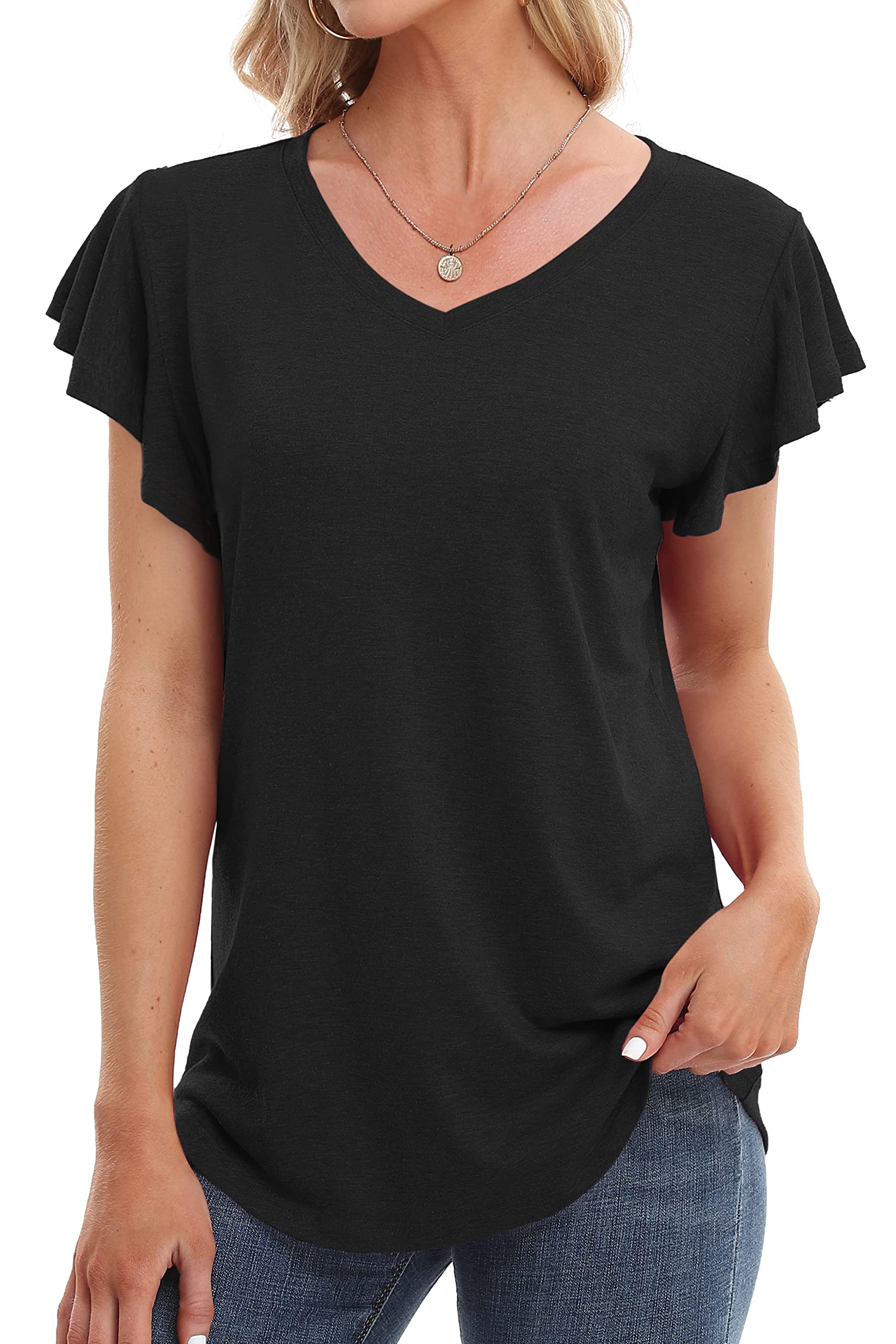 Ahacool Women's Summer V-Neck Short Sleeve Tunic Top - Casual Loose Fit Blouse for Beach, Travel & Everyday Wear
