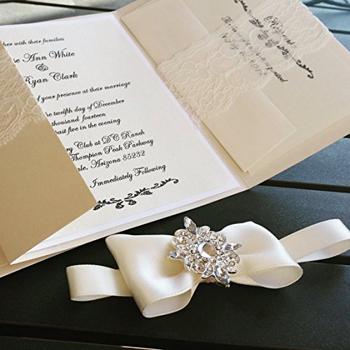 Elegant Lace Wedding Invitations with European Bow - Set of 25 Boho Chic Pocketfold Cards with RSVP Cards | Perfect for Rustic, Vintage & Outdoor Weddings