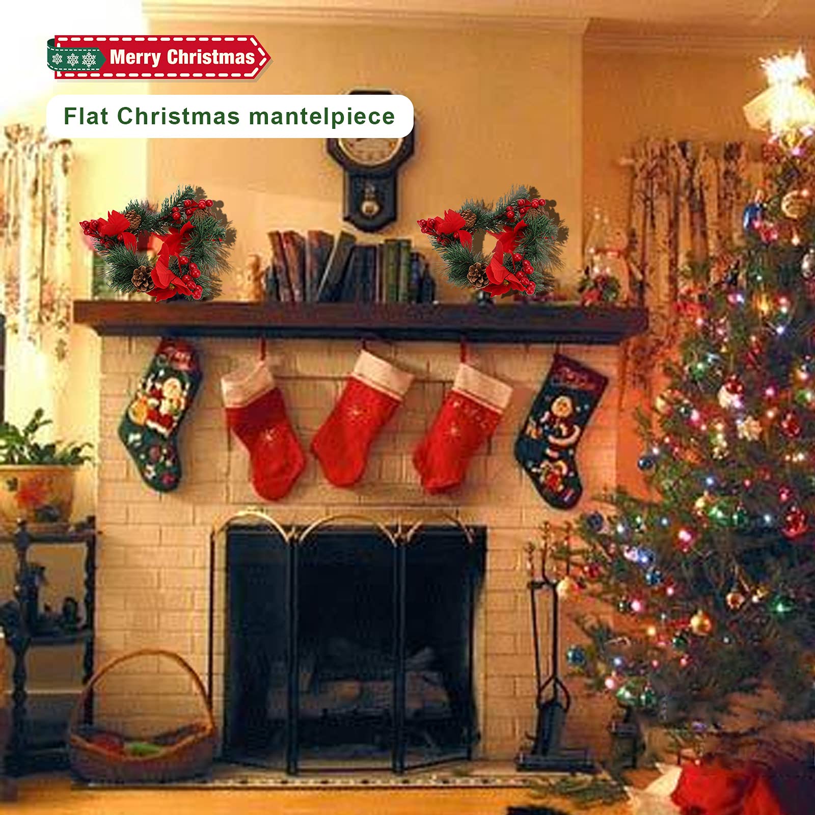 6Pcs Artificial Poinsettia Pine Candle Rings - Christmas Floral Wreath Candle Holder with Red Berries for Table Decor, Holiday Party, Wedding Centerpiece | Perfect for Fireplace Mantel, Dining Table, Christmas Tree Skirt Decoration