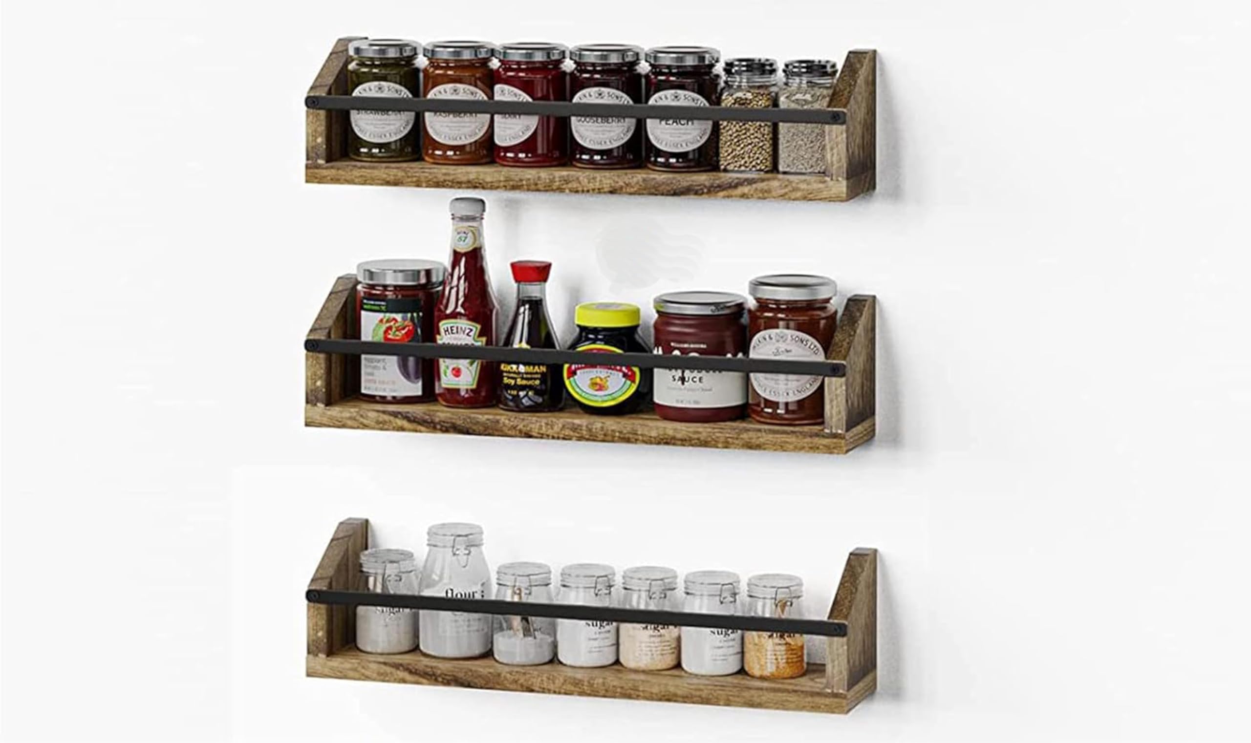 Farmhouse Wall Spice Rack Organizer Set - 3-Piece Light Brown Wooden Spice Shelves for Kitchen, Pantry & Bathroom Storage | Wall Mounted Spice Rack, Book Shelf & Home Decor Organizer | Perfect for Small Space Organization & Rustic Kitchen Decor