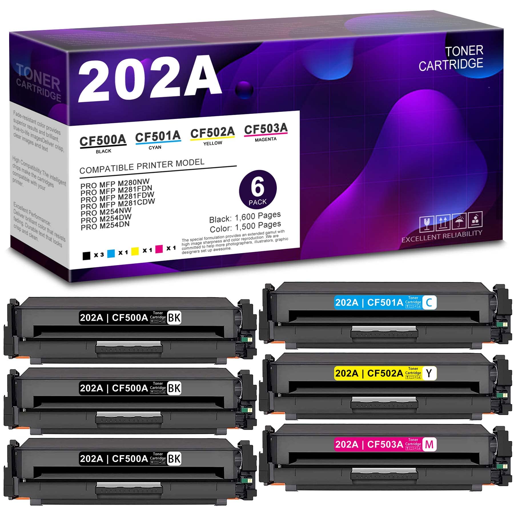 6-Pack Compatible 202A | CF500A CF501A CF502A CF503A (3BK+1C+1Y+1M) Toner Cartridge Replacement for HP Color Pro M254dw M281fdw M281fdn M281cdw M254nw M280nw M254dn - High-Yield Printer Toner for Home & Office Use - Sold by LITQUA