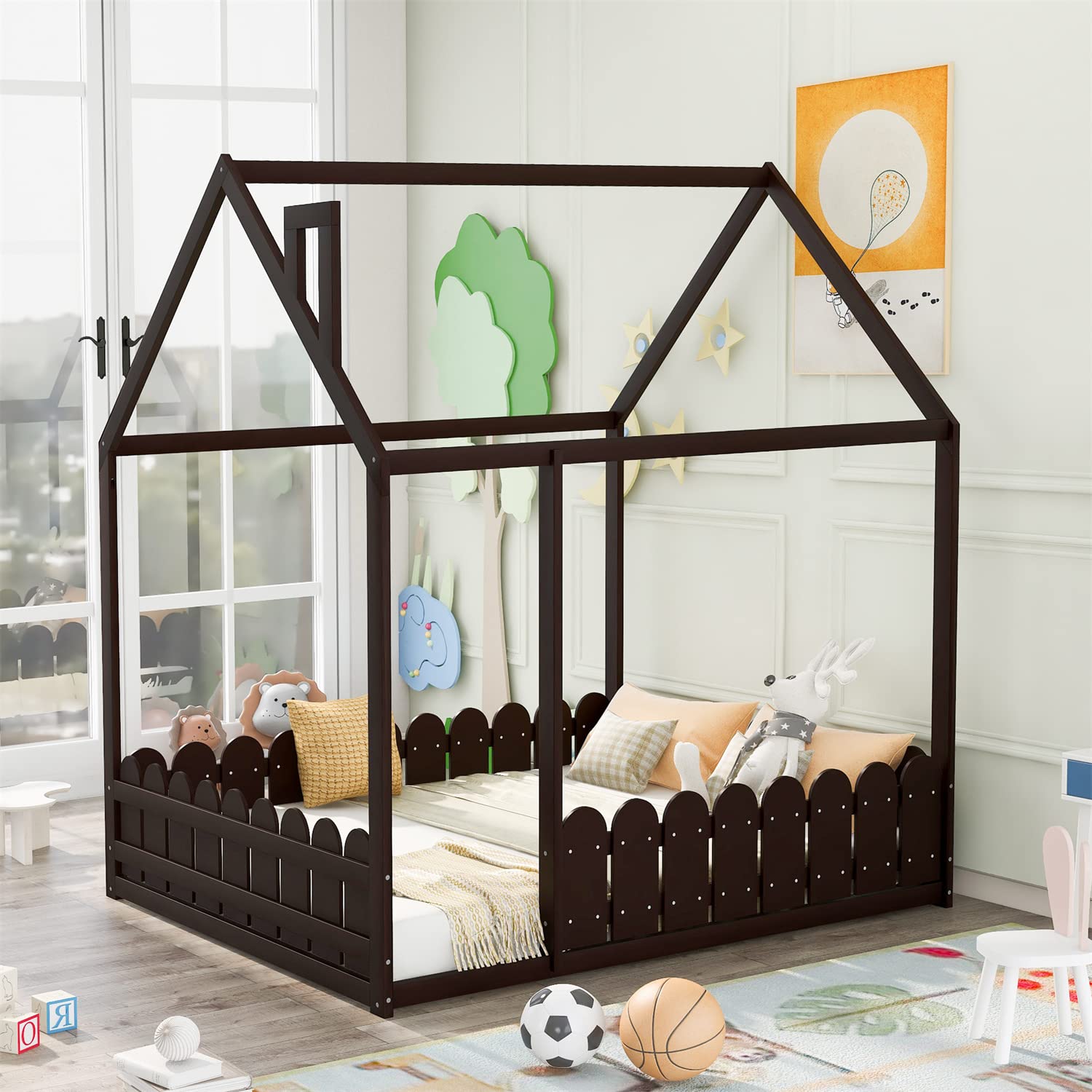 Full Size House Bed for Kids - Solid Wood Bed Frame with Roof & Fence Guardrails - Montessori Floor Bed for Boys & Girls - Espresso Finish - Perfect for Kids Bedroom, Playroom & Nursery Decor