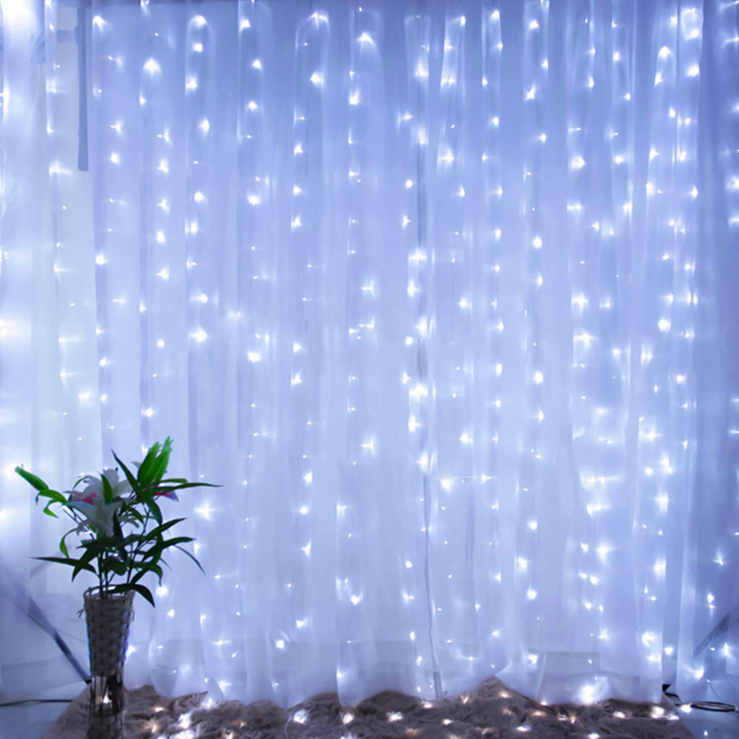 Brightown 9.8ft Dimmable LED Curtain Lights - 300 Connectable String Lights with Remote, 8 Lighting Modes & Timer for Bedroom, Wall, Party Decor - Indoor/Outdoor Use (Pure White, Curtain Not Included) | Perfect for Weddings, Christmas, Patio, and Home Decoration