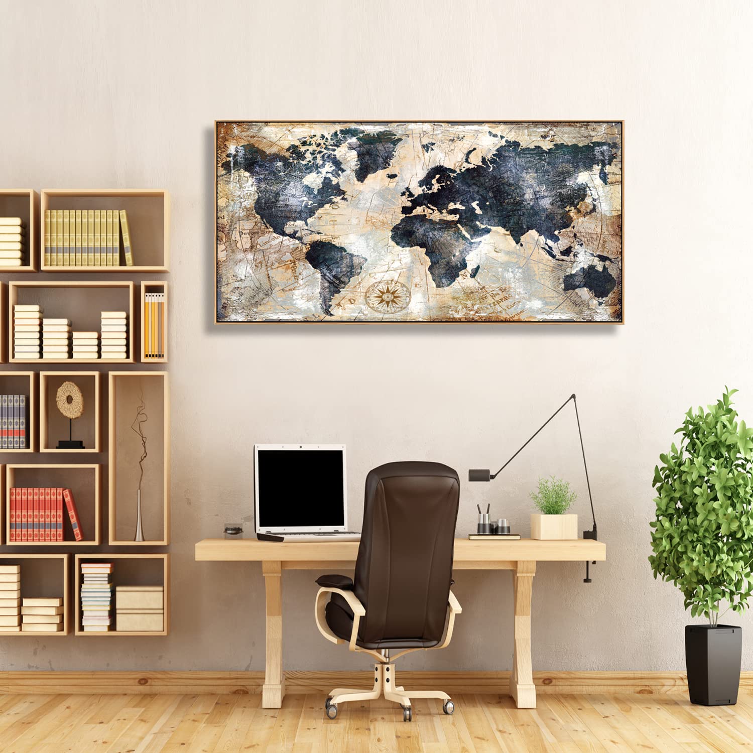 World Map Wall Art Print - Framed Canvas Decor for Home & Office - 20x40 Inch Ready to Hang - Perfect for Travel Lovers & Nautical Theme Rooms (Living Room, Bedroom, Study)