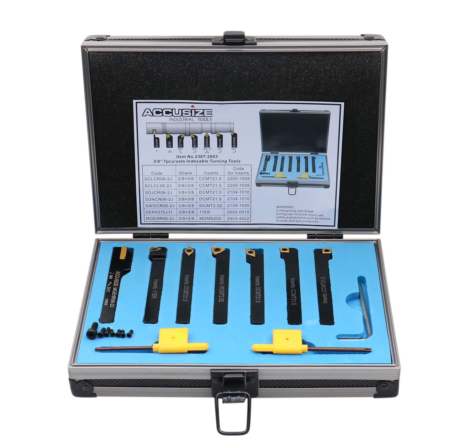 Accusize 3/8'' Shank 7-Piece Indexable Carbide Turning Tool Set with Fitted Case (2387-2003) - Perfect for Lathe Turning, Facing, and Threading Operations in Metalworking