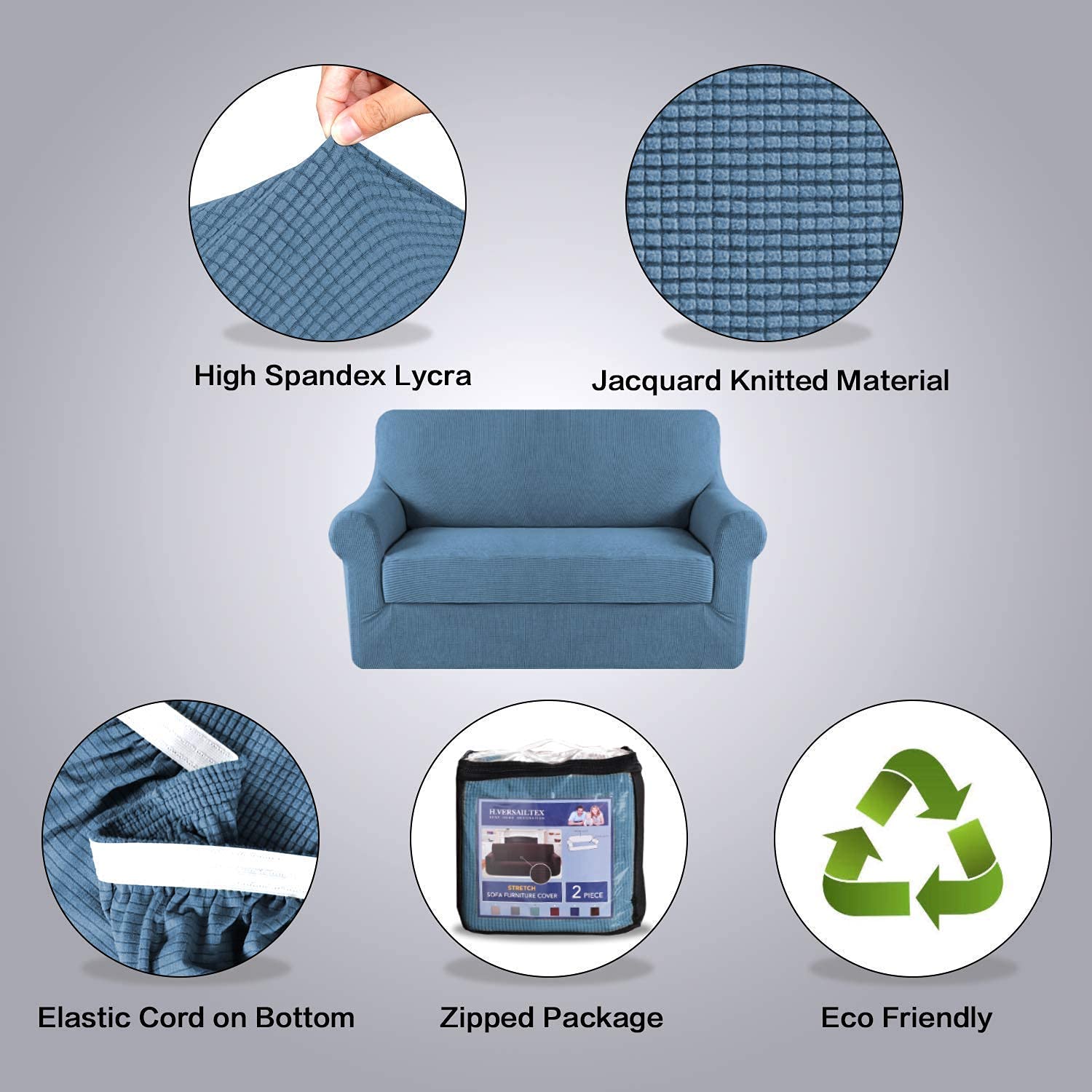 H.VERSAILTEX Stretch Loveseat Cover Sofa Slipcover - Plaid Pattern Furniture Protector, Dusty Blue | Removable & Washable | Perfect for Living Room, Apartment, Dorm Decor