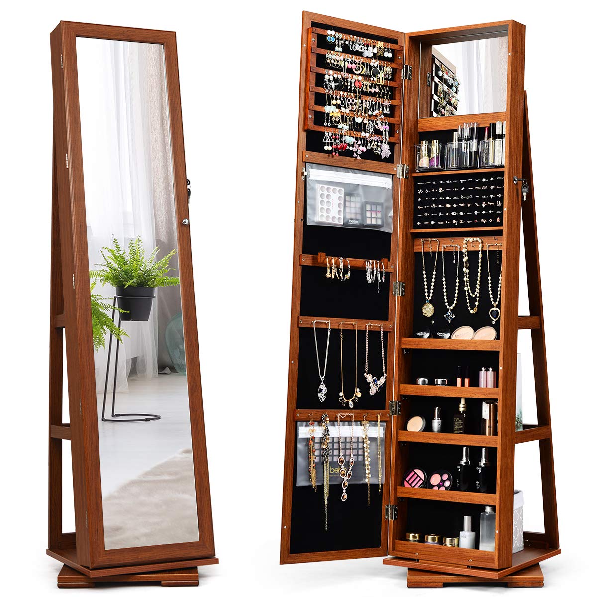 360° Rotating Lockable Jewelry Cabinet with Full-Length Mirror - Large Storage Jewelry Organizer Armoire for Necklaces, Rings & Earrings - Perfect for Bedroom, Closet & Dressing Room (Brown)