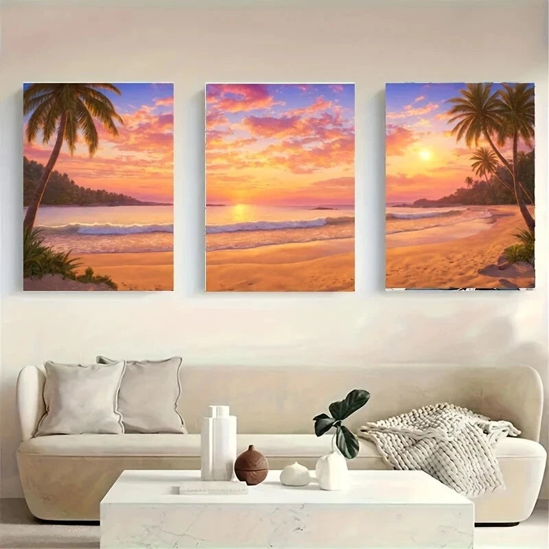 3-Piece Vibrant Sunset Over Tropical Beach Metal Wall Art - Ready to Hang Decor for Living Room, Bedroom & Office