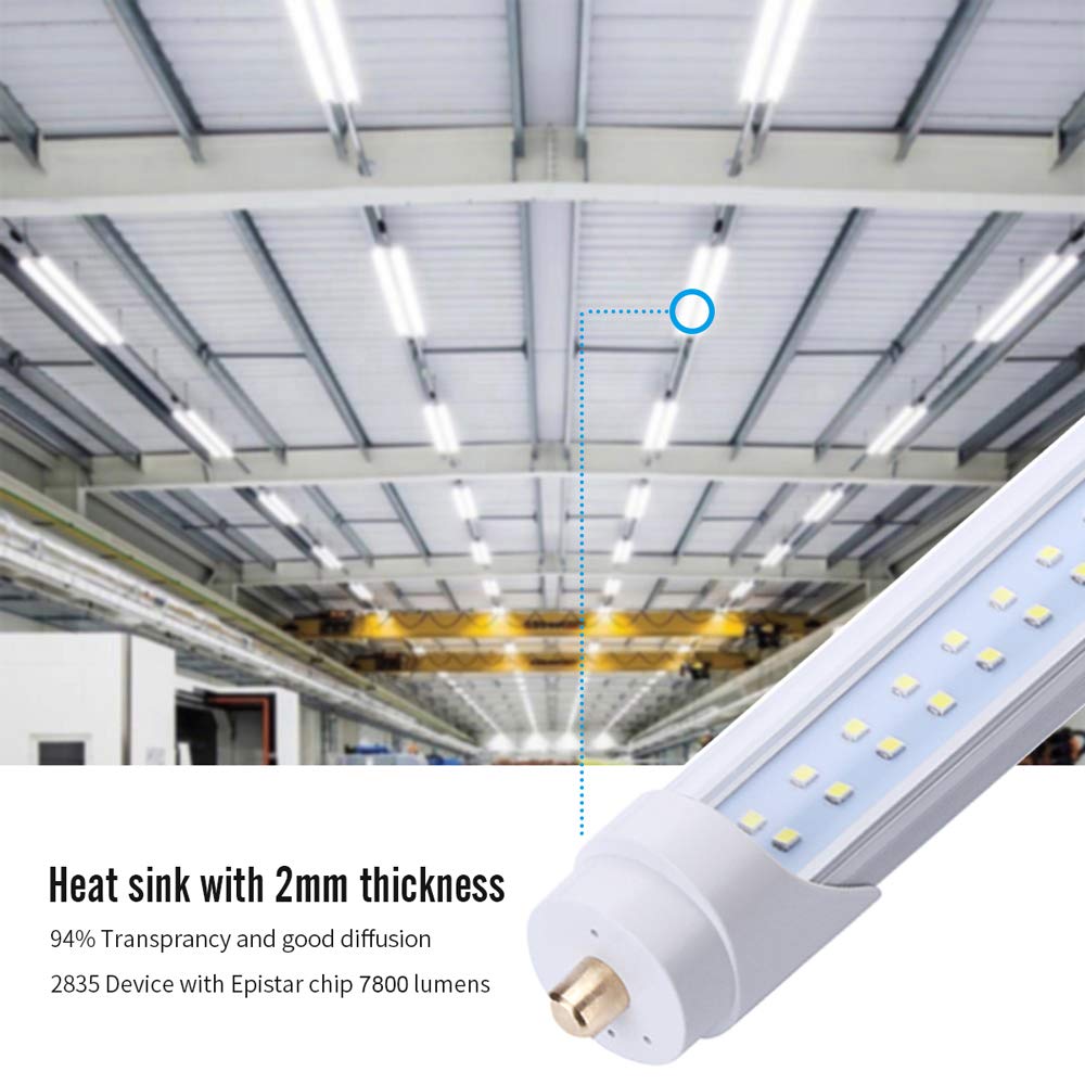 8FT LED Tube Light 65W 7800LM 6000K - T8 T10 T12 Single Pin LED Bulb with Clear Cover - Energy Saving Replacement for Fluorescent Lights (4 Pack) - Perfect for Warehouses, Garages, and Commercial Lighting
