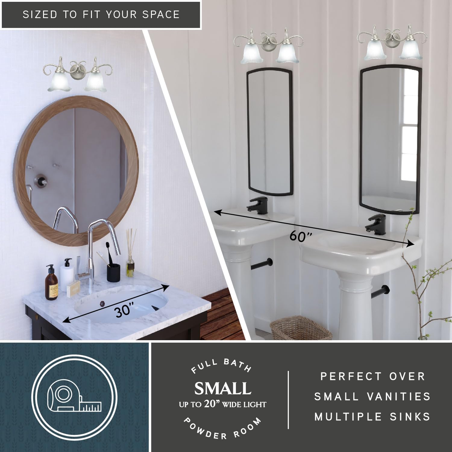 VAXCEL Bella 2-Light Bathroom Vanity Fixture - Brushed Nickel Finish, Transitional Over Mirror Lighting for Bathrooms - Easy to Install - Perfect for Master Bath, Powder Room & Guest Bath Decor