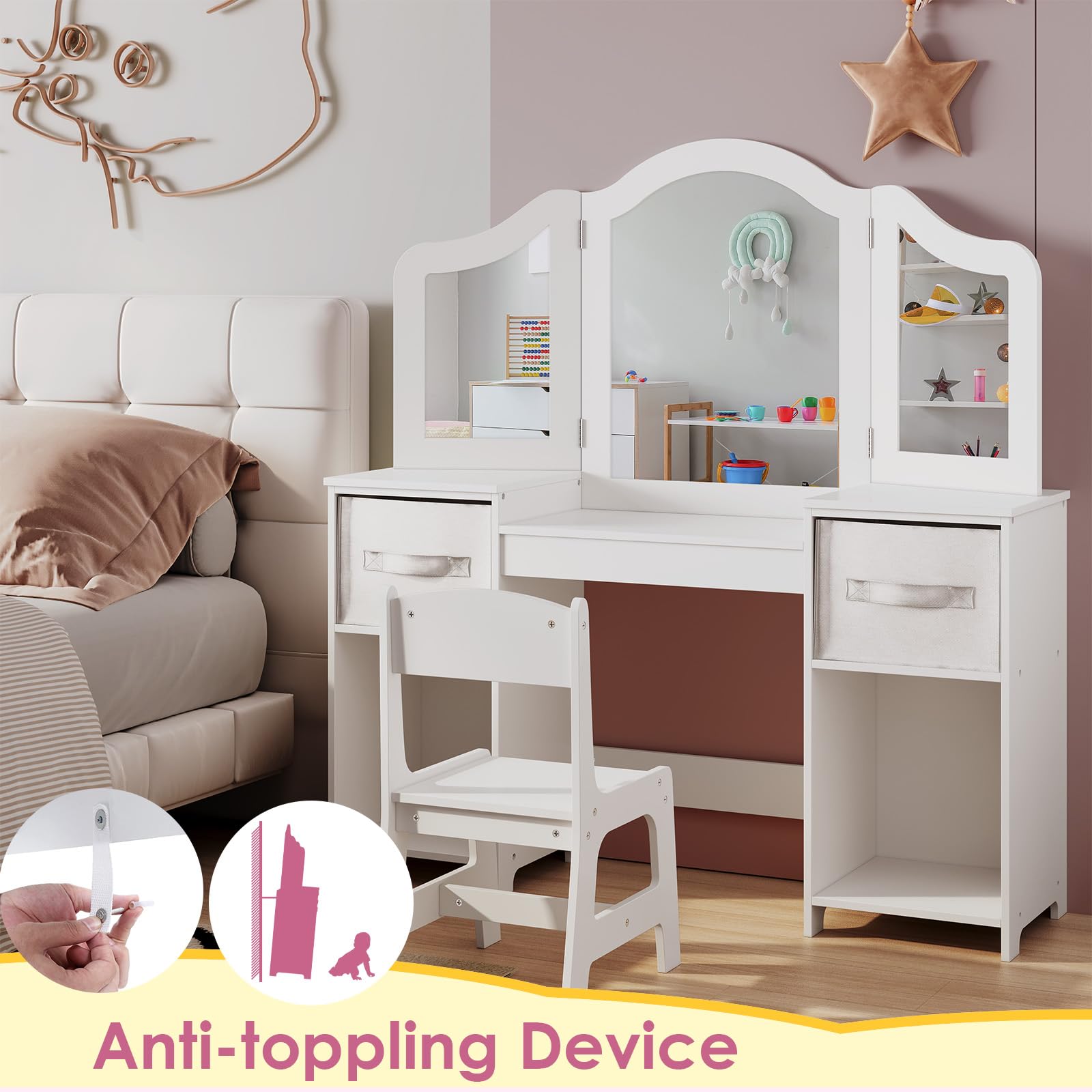 Arlopu Kids Vanity Set - Wooden Princess Dressing Table with Tri-Folding Mirror, Stool & Canvas Drawer for Little Girls (White) | Perfect for Pretend Play, Birthday Gifts & Bedroom Decor