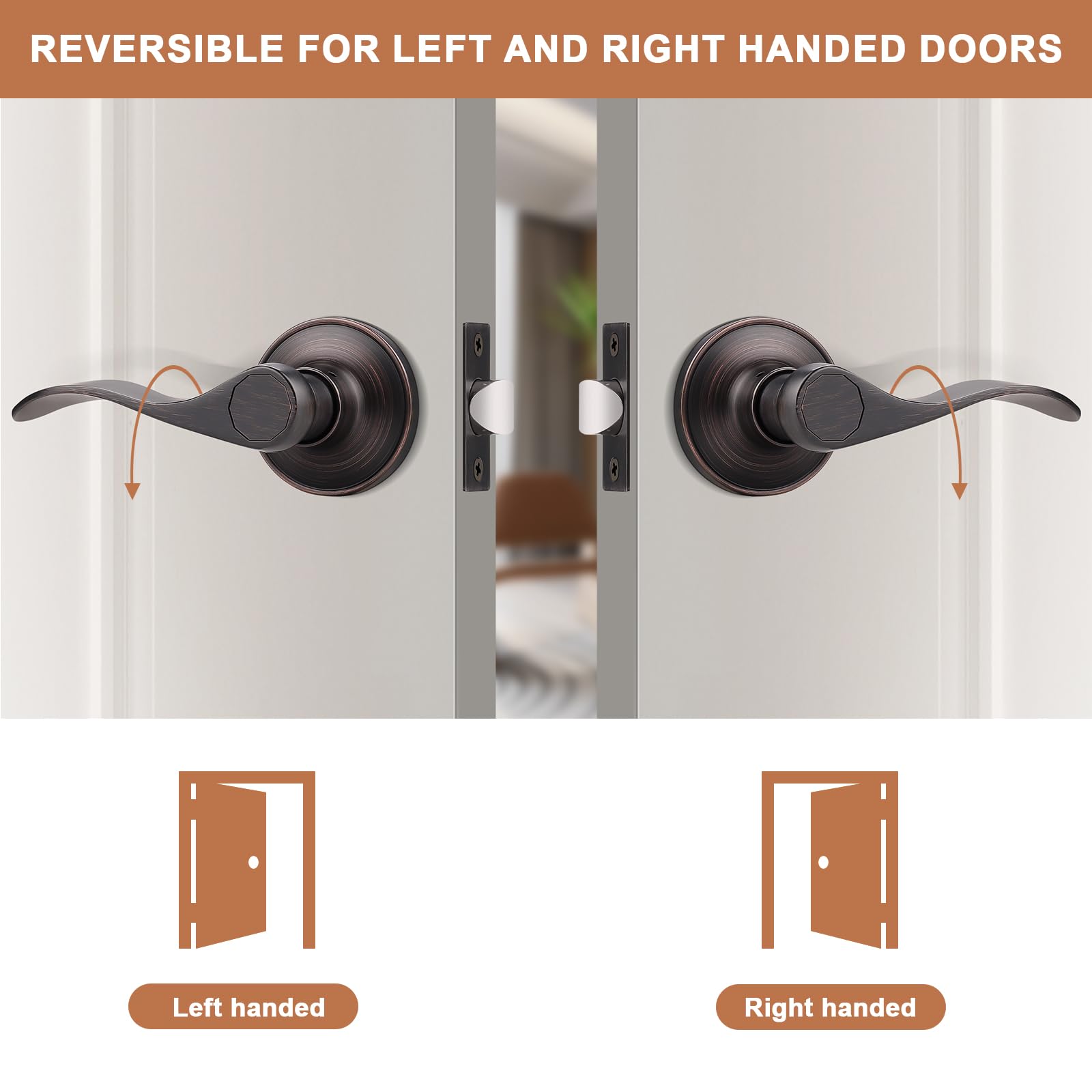 5 Pack Non-Locking Passage Door Lever Set - Oil Rubbed Bronze Wave Design for Hallways & Closets - Reversible Right/Left Handed Keyless Entry - Perfect for Bedrooms, Bathrooms & Interior Doors