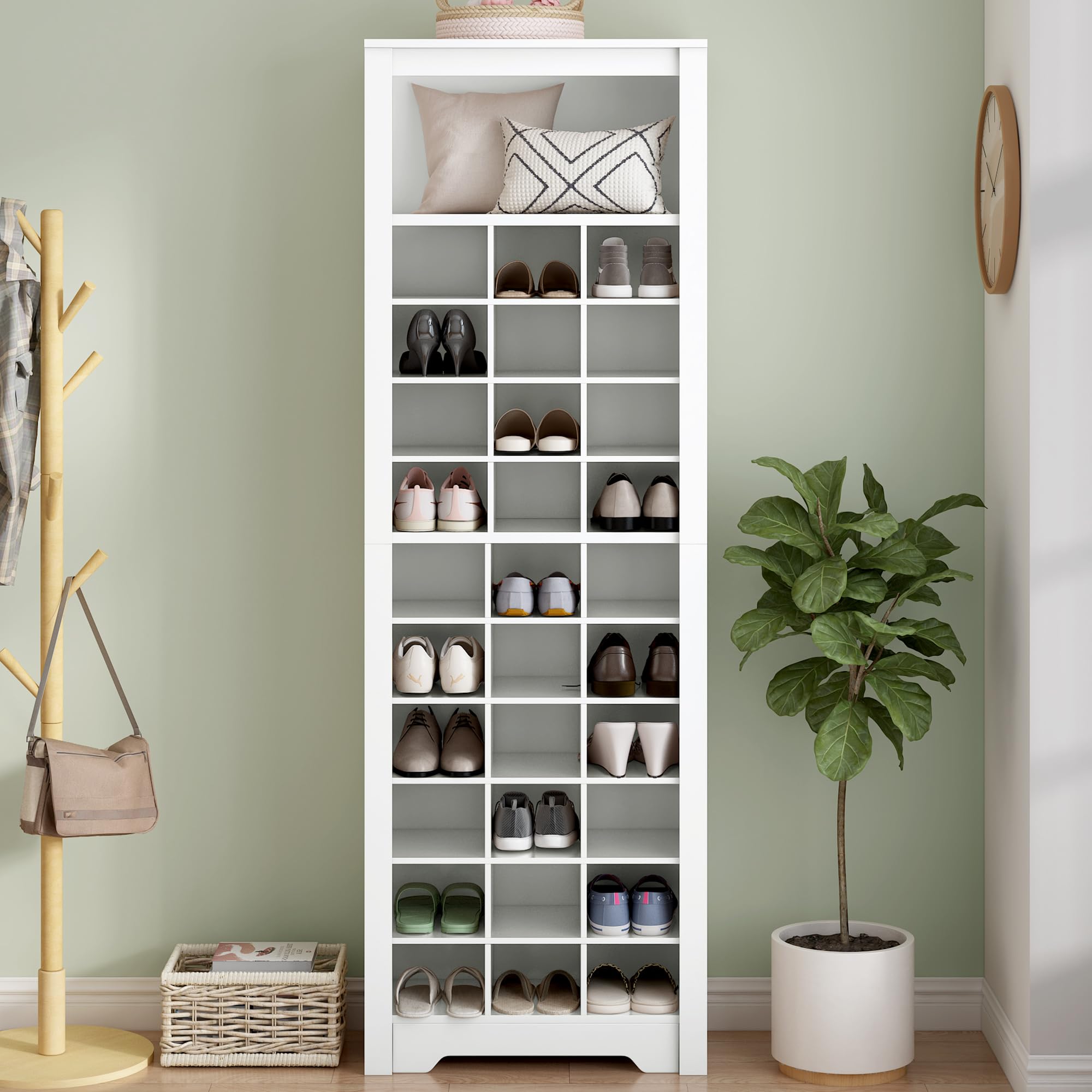 Lakifun 10-Tier Wooden Shoe Storage Cabinet with 30 Cubbies - Freestanding Tall Shoe Rack Organizer for Entryway, Living Room, Bedroom - Perfect for Small Spaces & Closet Organization (White)