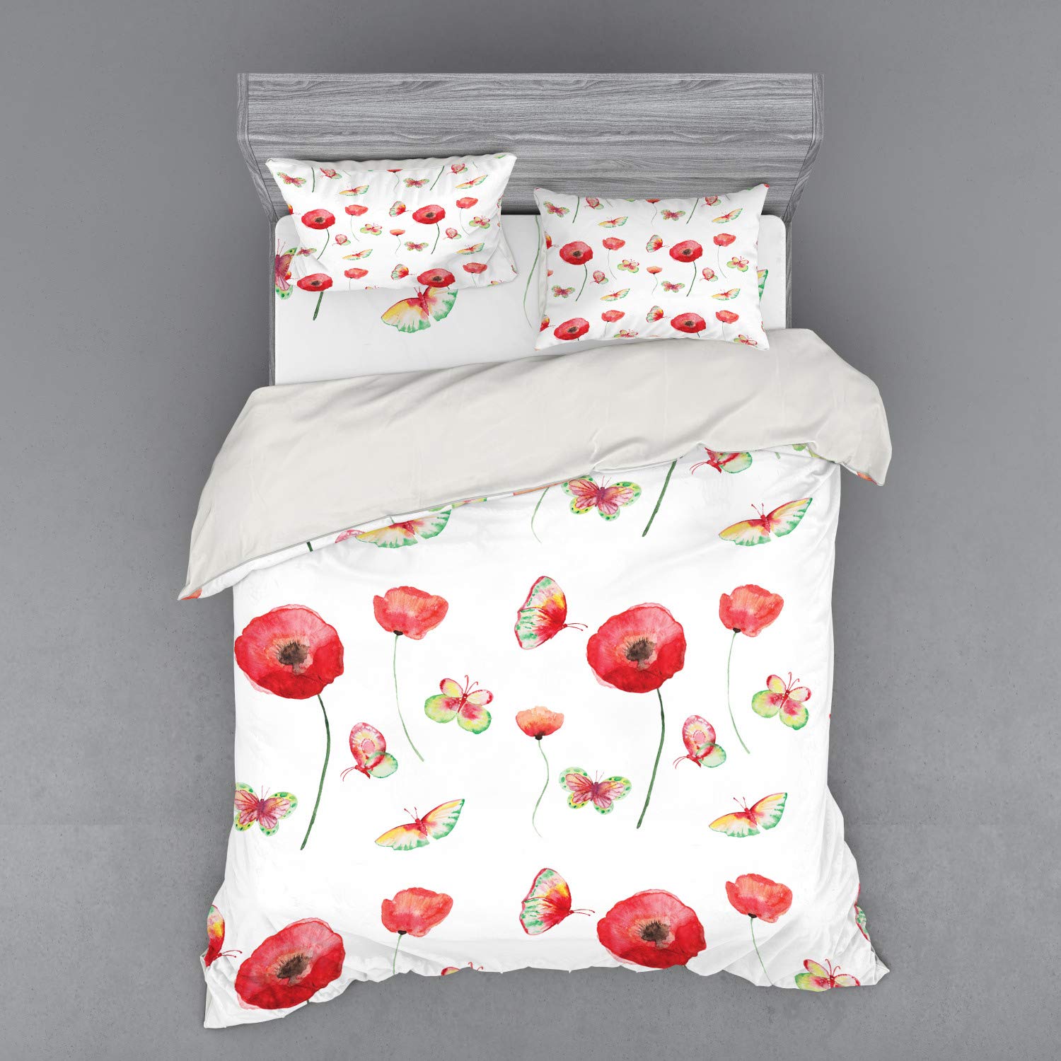 Ambesonne Vintage Floral Duvet Cover Set - Queen Size 4-Piece Bedding with Poppy & Butterfly Design, Shams & Fitted Sheet (Coconut/Red) | Romantic Boho Bedroom Decor for Master & Guest Rooms